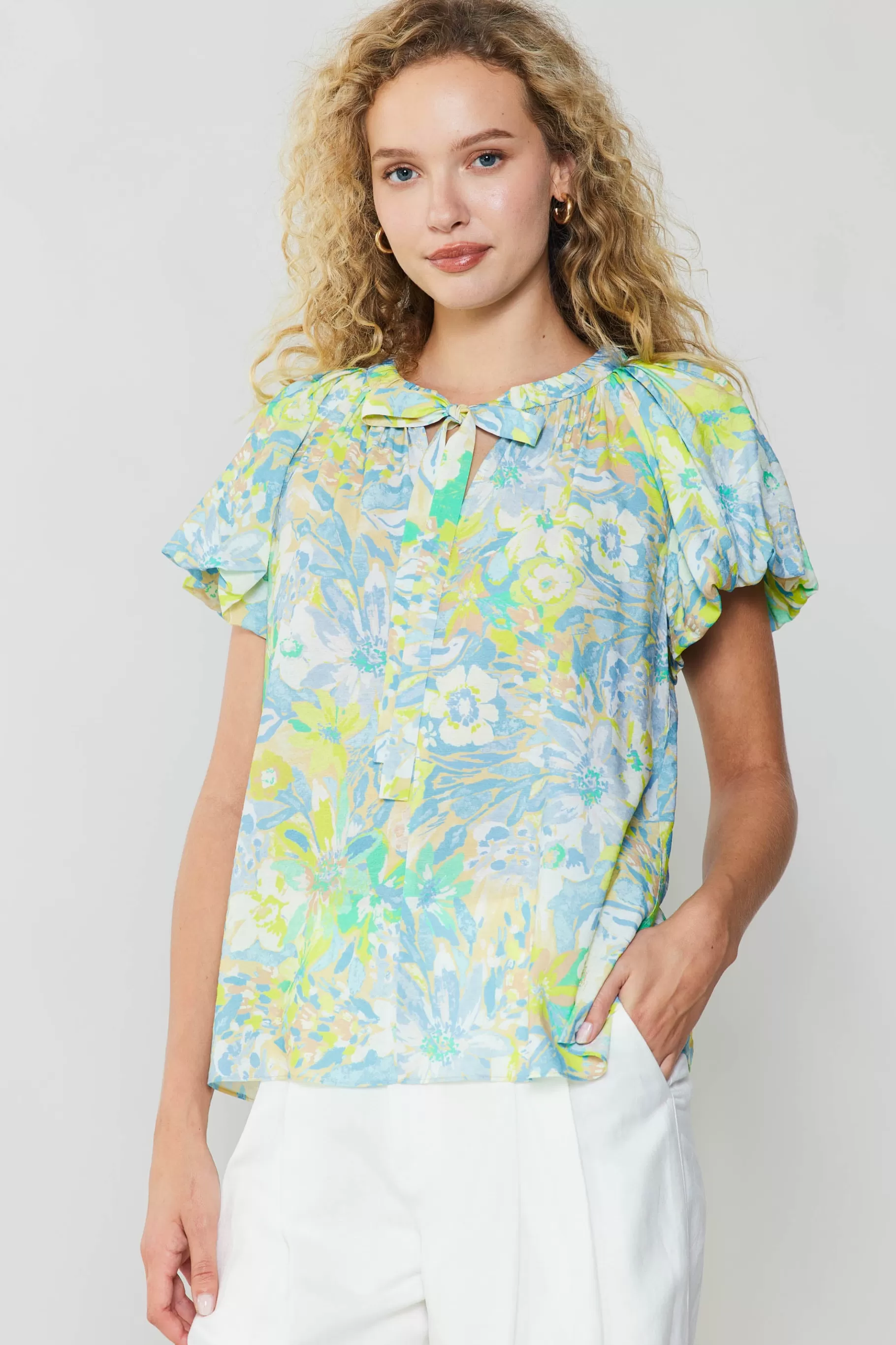 Current Air Short Sleeve Tops>Abstract Floral Print Top YELLOWMULTI