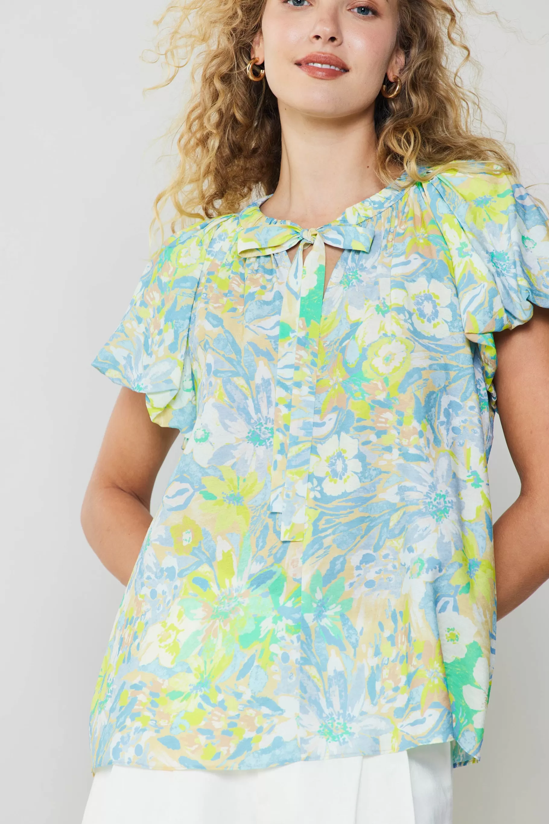 Current Air Short Sleeve Tops>Abstract Floral Print Top YELLOWMULTI