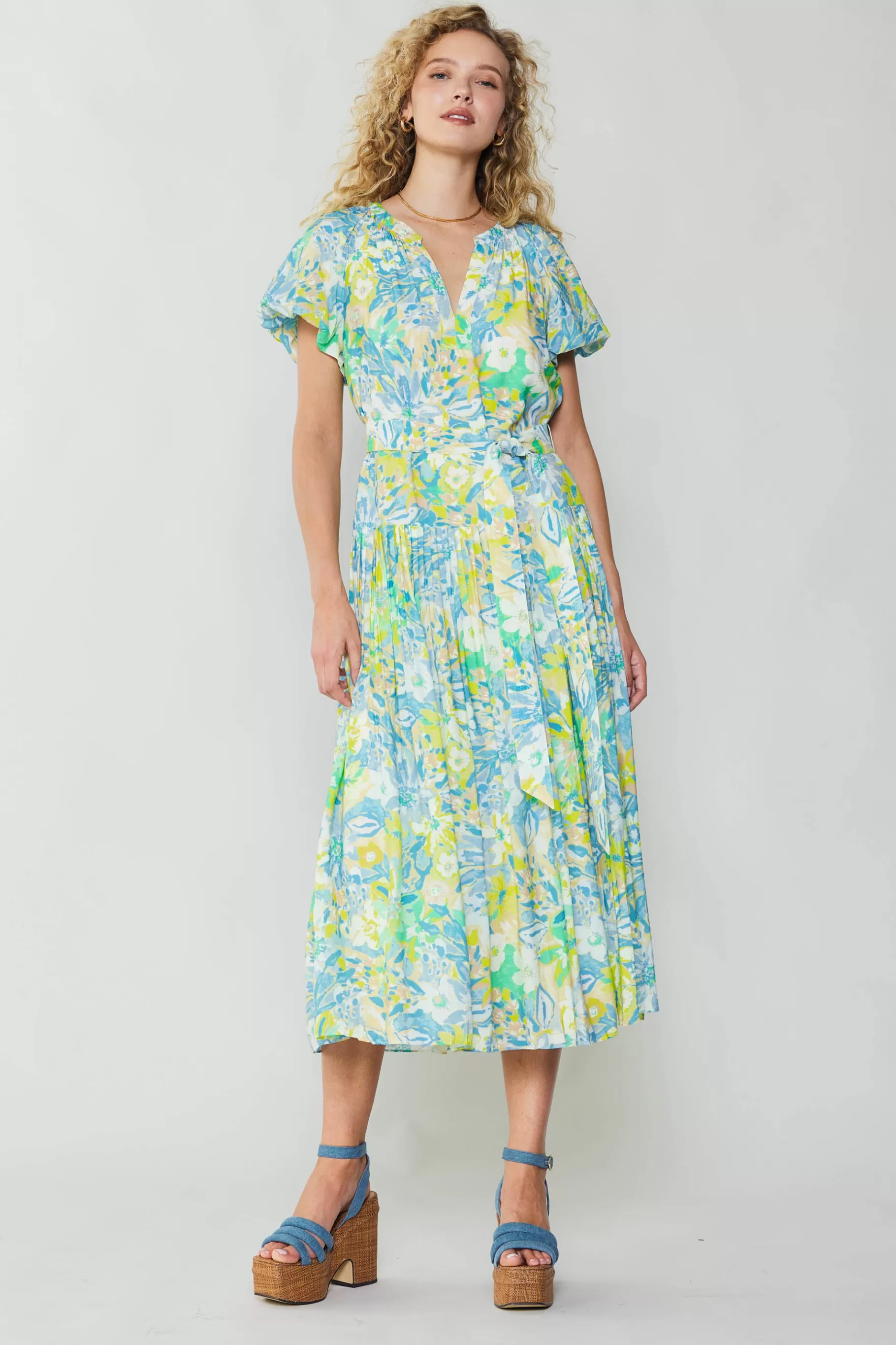 Current Air Midi Dresses>Abstract Floral Printed Midi Dress YELLOWMULTI