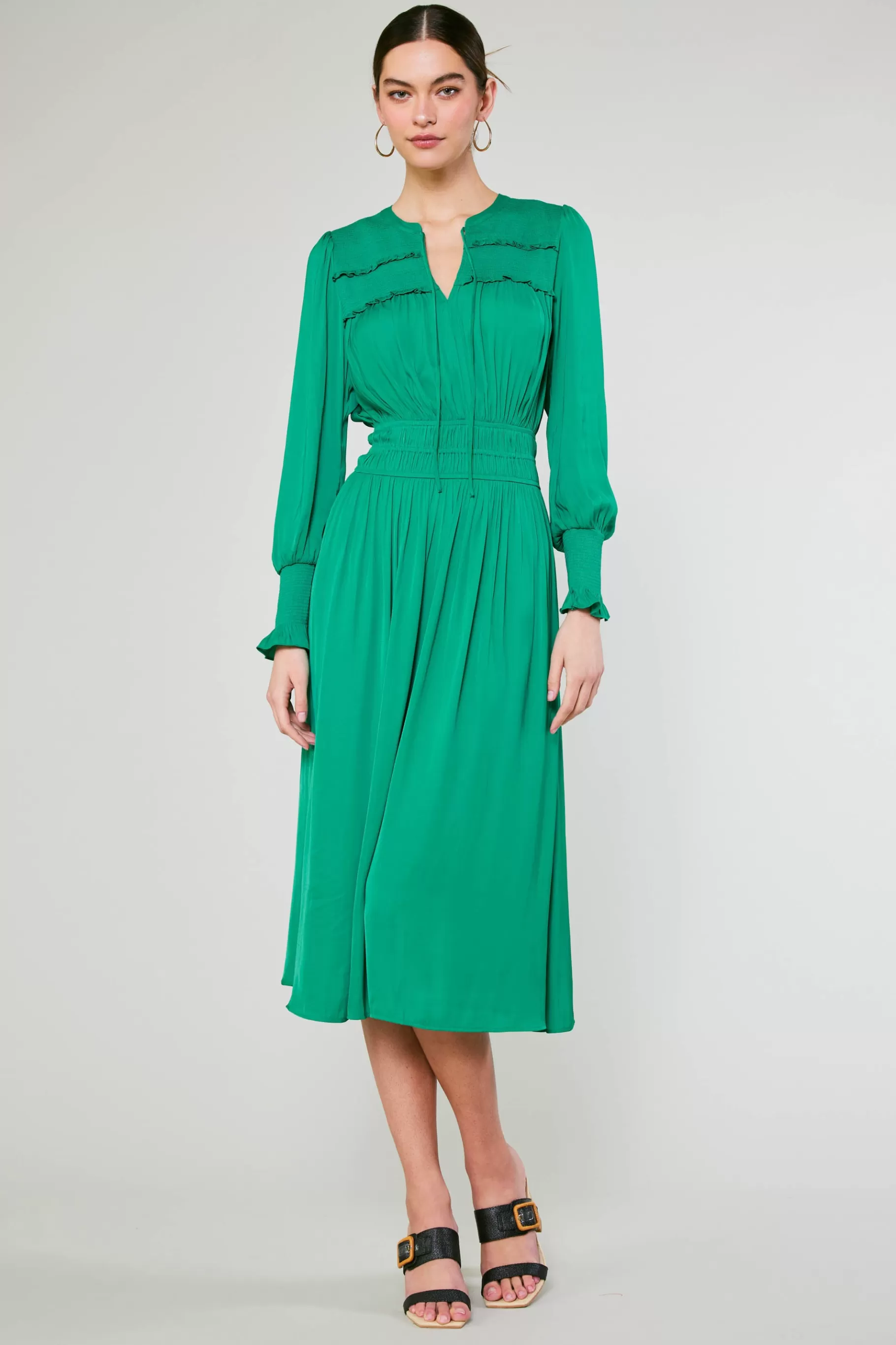 Current Air Midi Dresses>Aida Smocked Midi Dress GREEN