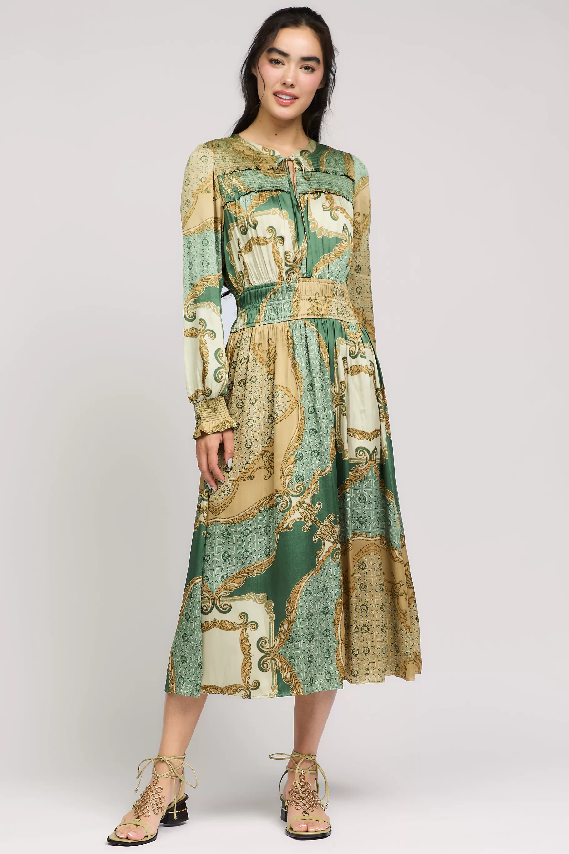 Current Air Midi Dresses>Aida Smocked Midi Dress OLIVEMLT