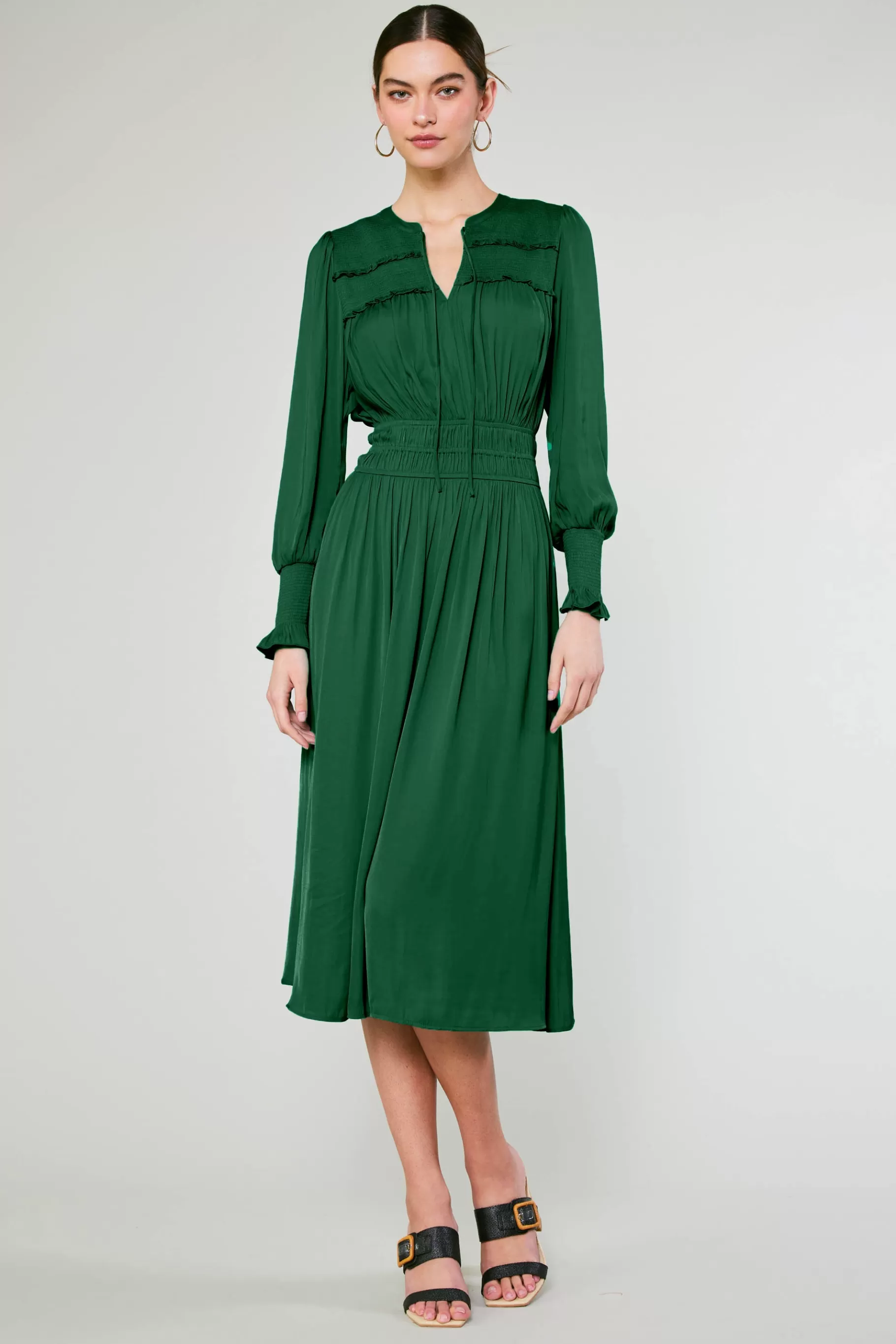 Current Air Midi Dresses>Aida Smocked Midi Dress EMERALDGREEN