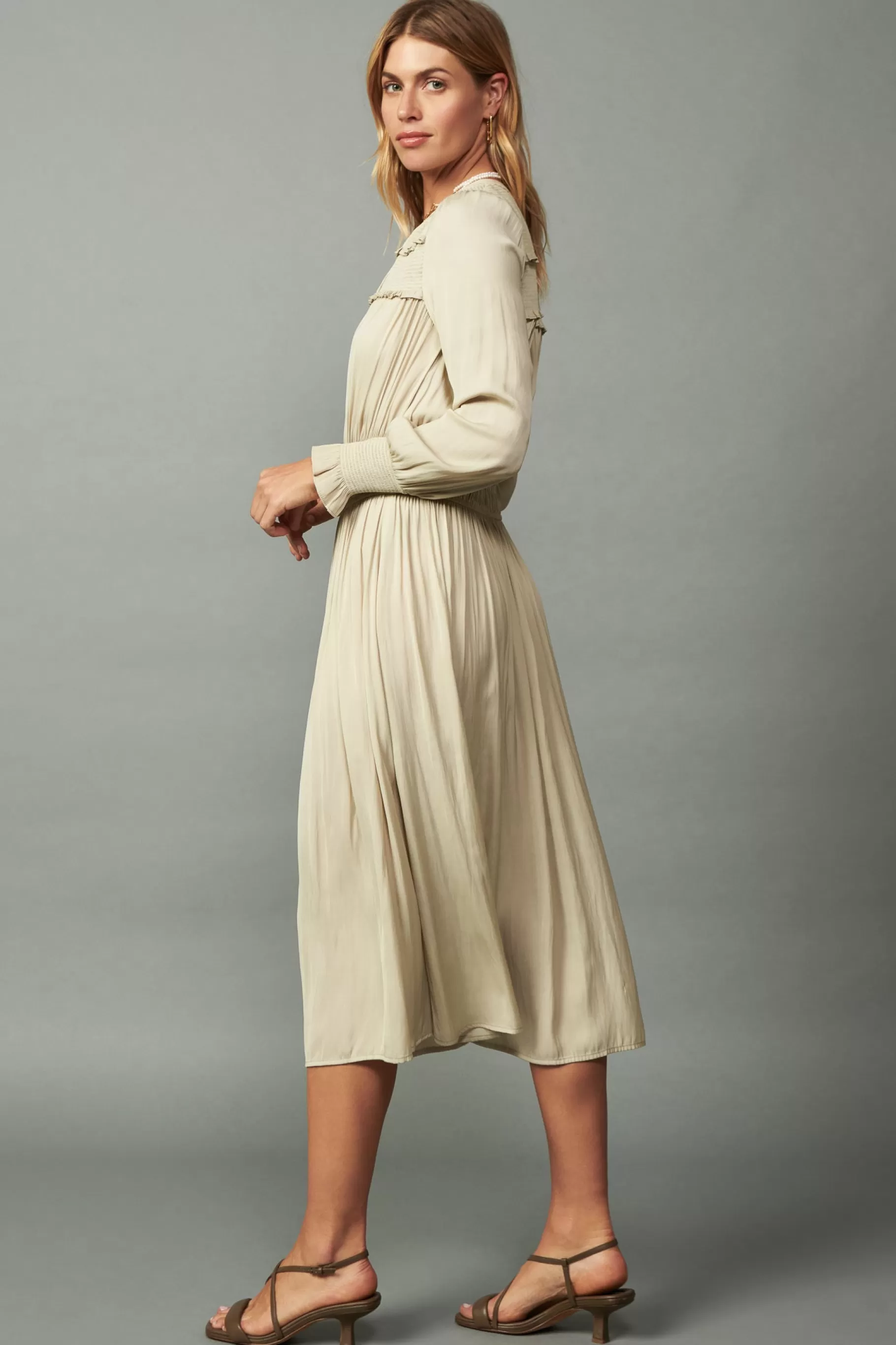 Current Air Midi Dresses>Aida Smocked Midi Dress TAUPE