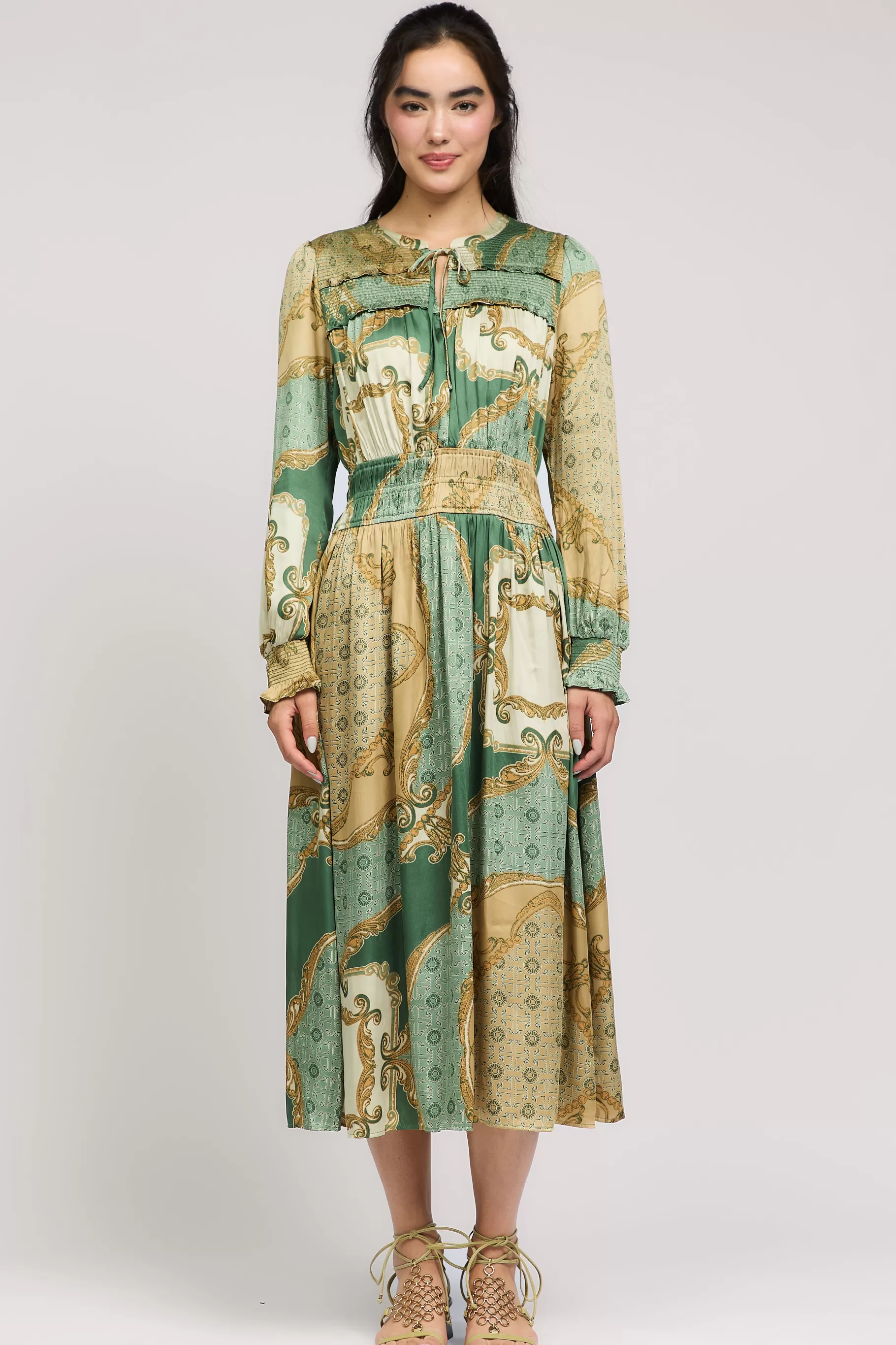 Current Air Midi Dresses>Aida Smocked Midi Dress OLIVEMLT