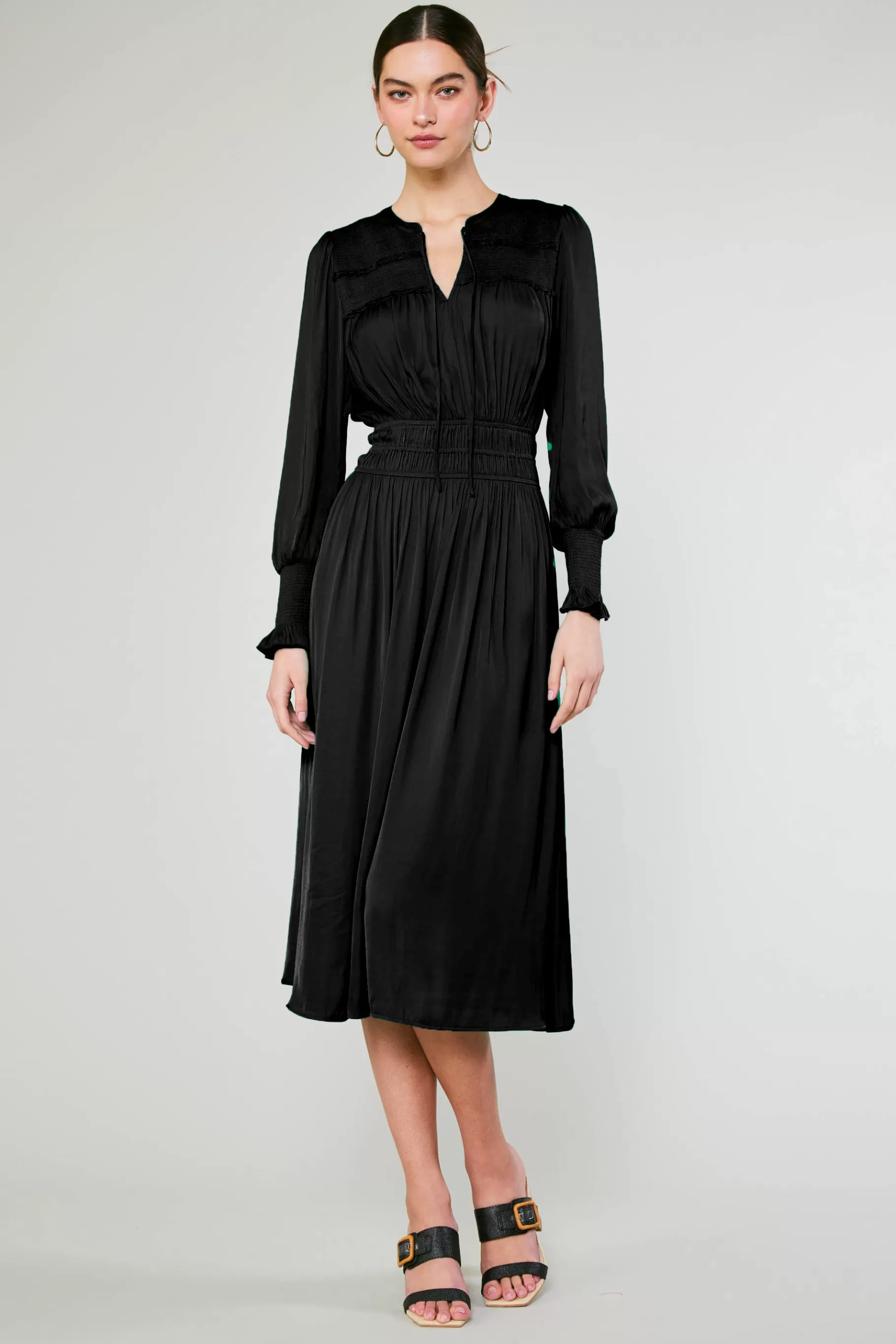 Current Air Midi Dresses>Aida Smocked Midi Dress BLACK
