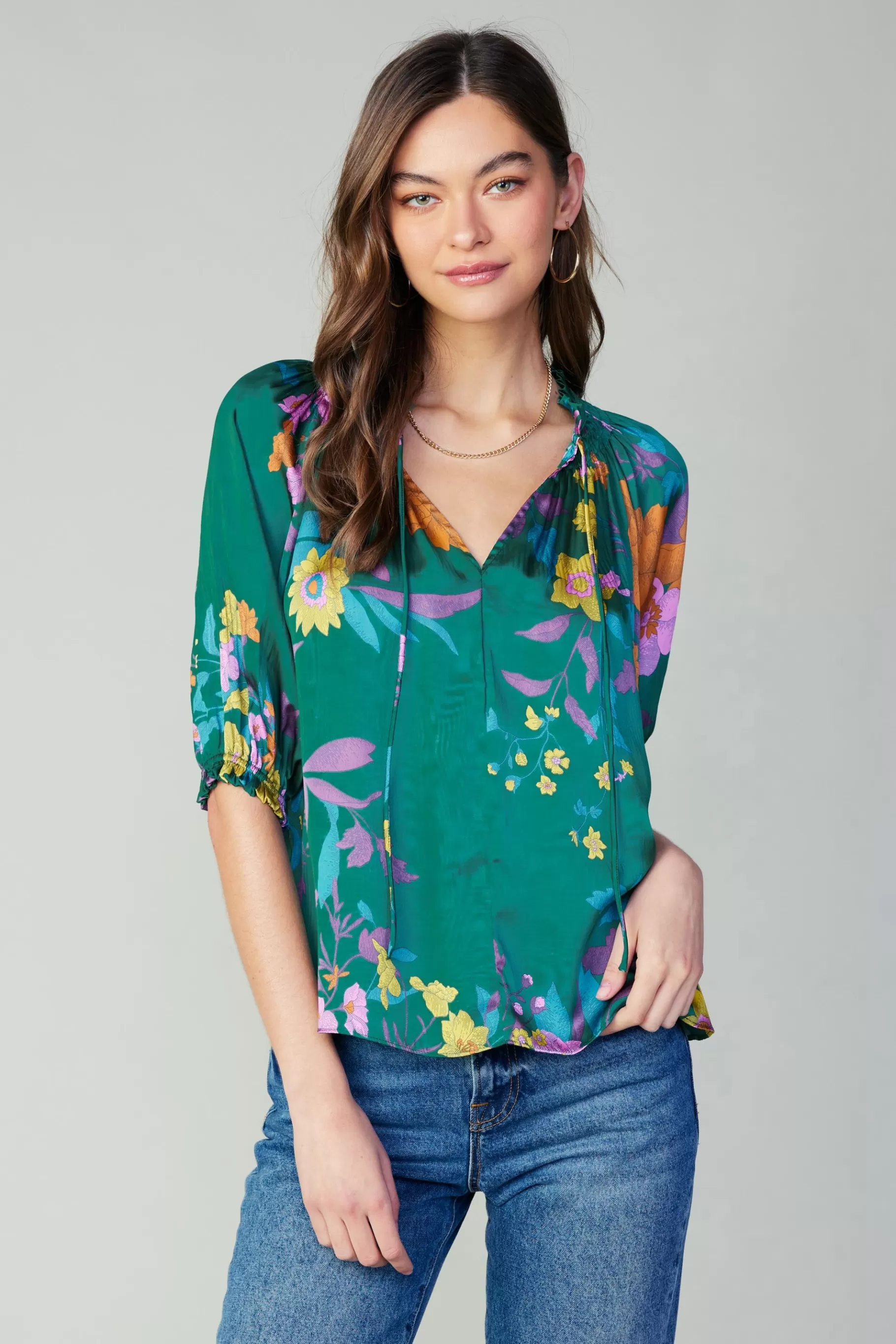 Current Air Long Sleeve Tops>Angelica Floral Blouse GREENFLORAL