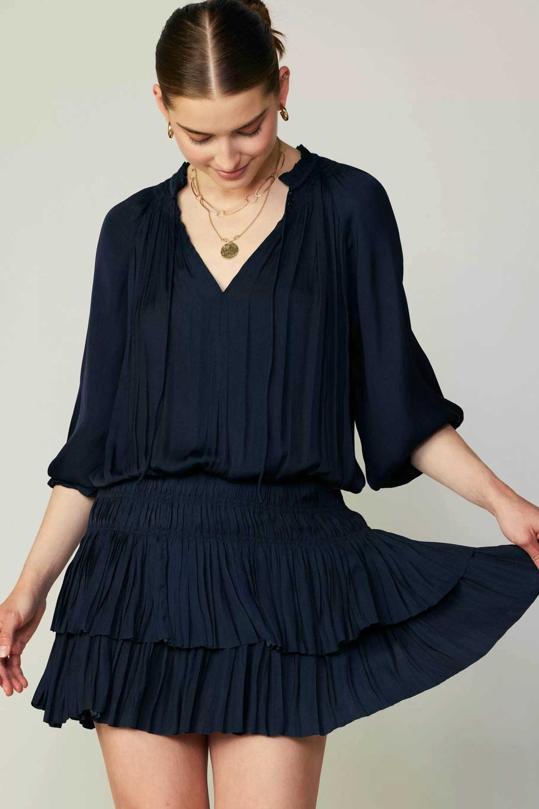Current Air Mini Dresses>Aurelie Pleated Mini Dress DARKNAVY