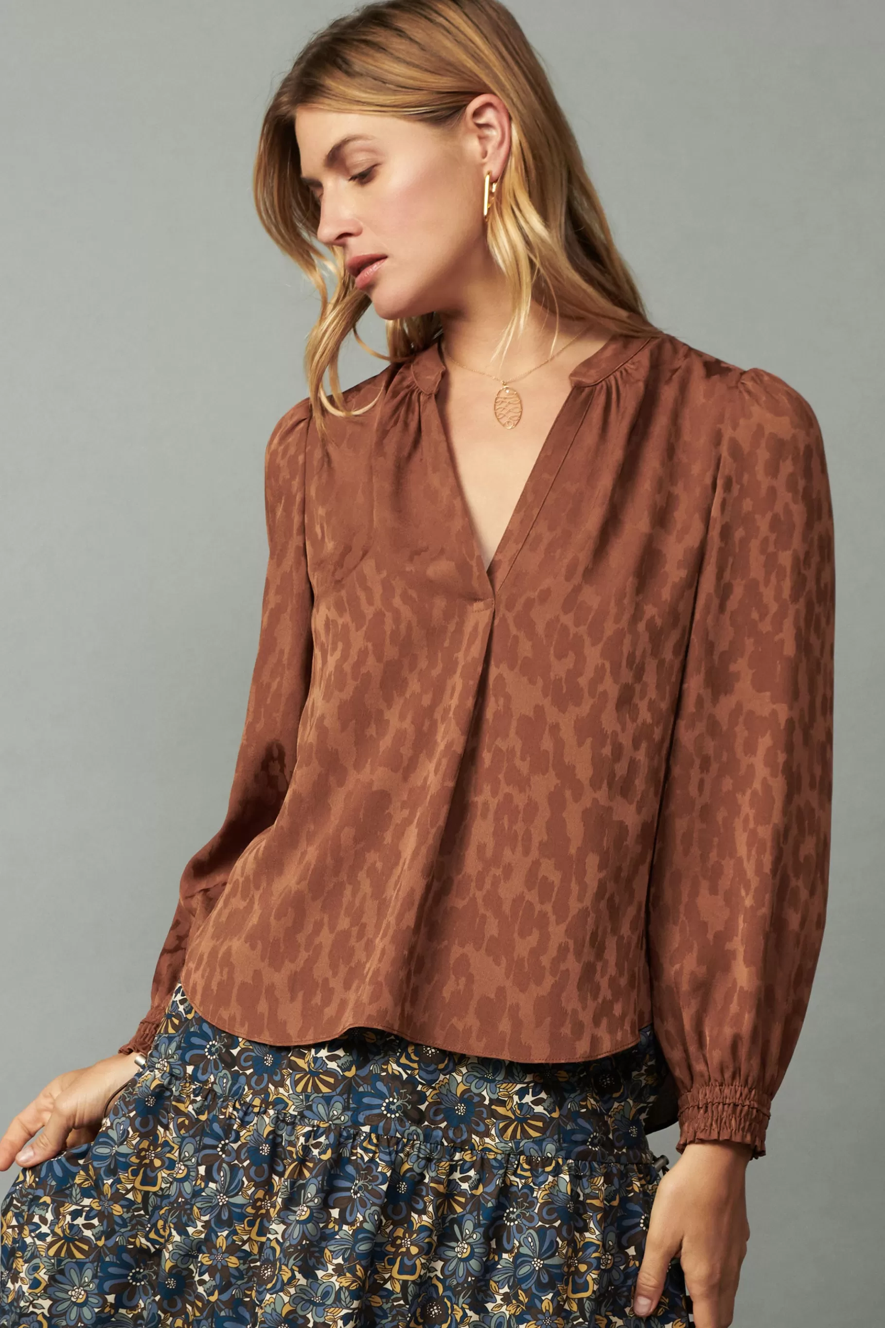 Current Air Long Sleeve Tops>Autumn Split Neck Blouse CARAMEL