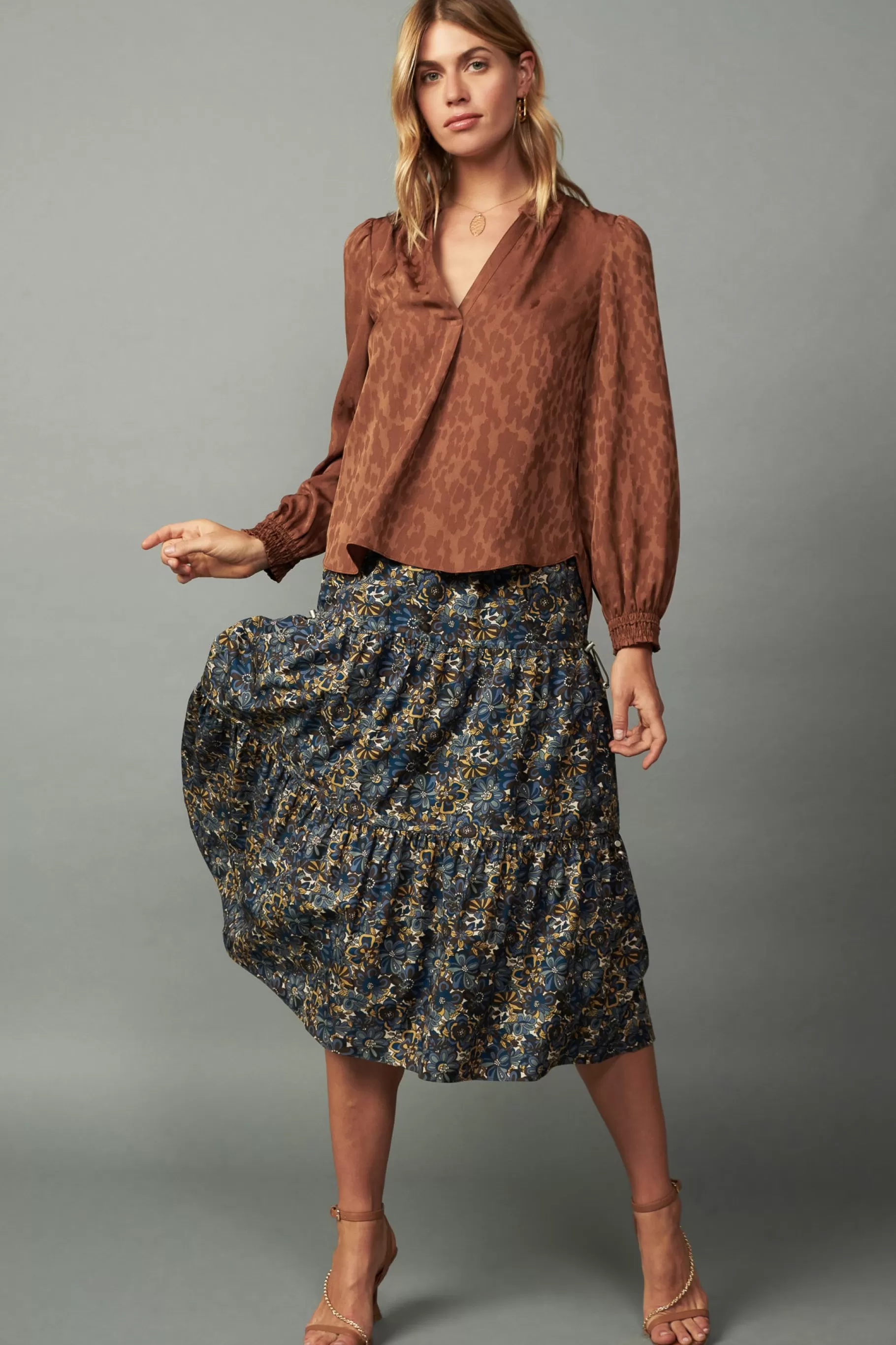 Current Air Long Sleeve Tops>Autumn Split Neck Blouse CARAMEL