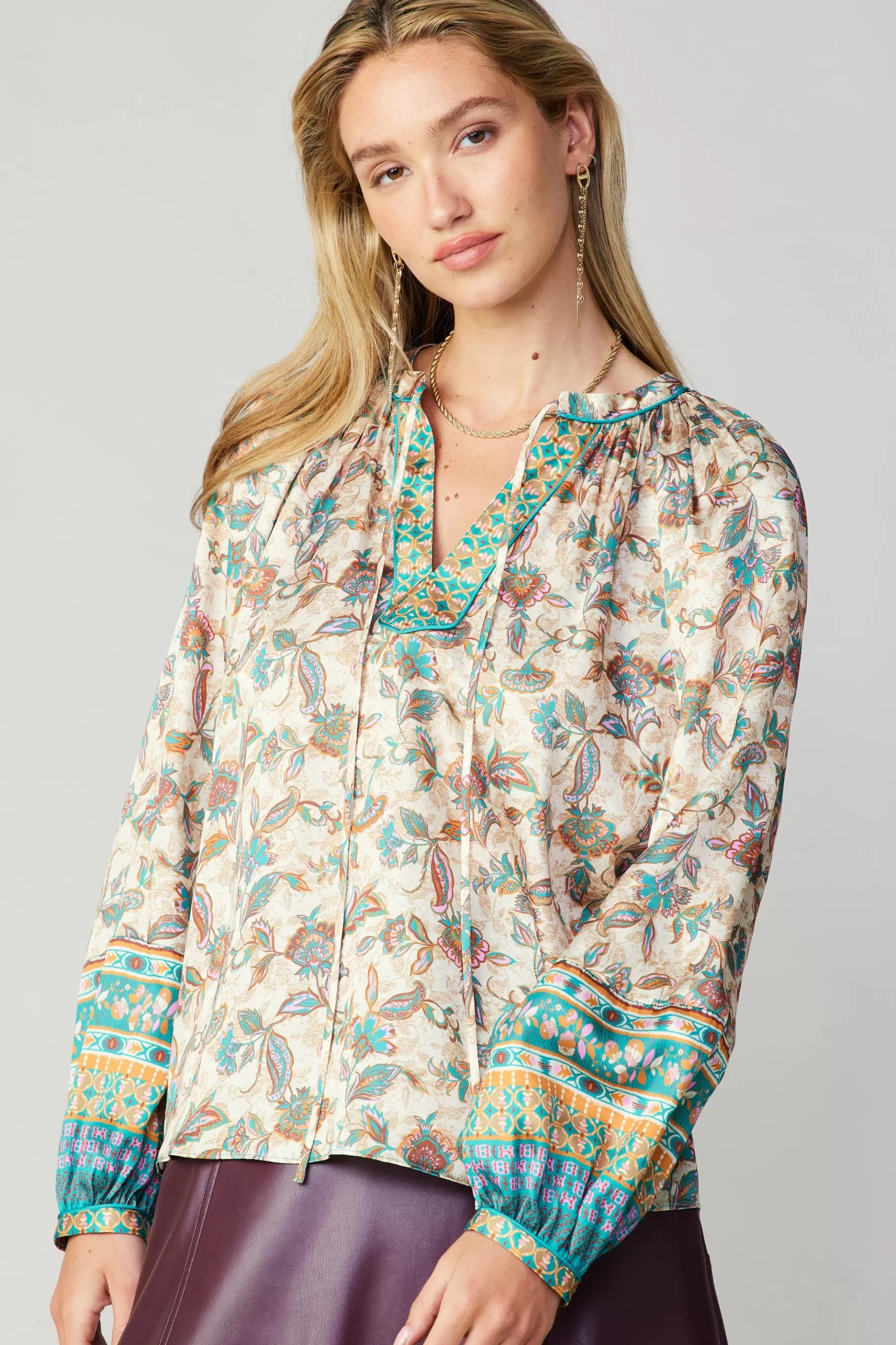 Current Air Long Sleeve Tops>Autumnal Border Print Blouse PINKGREENMLT