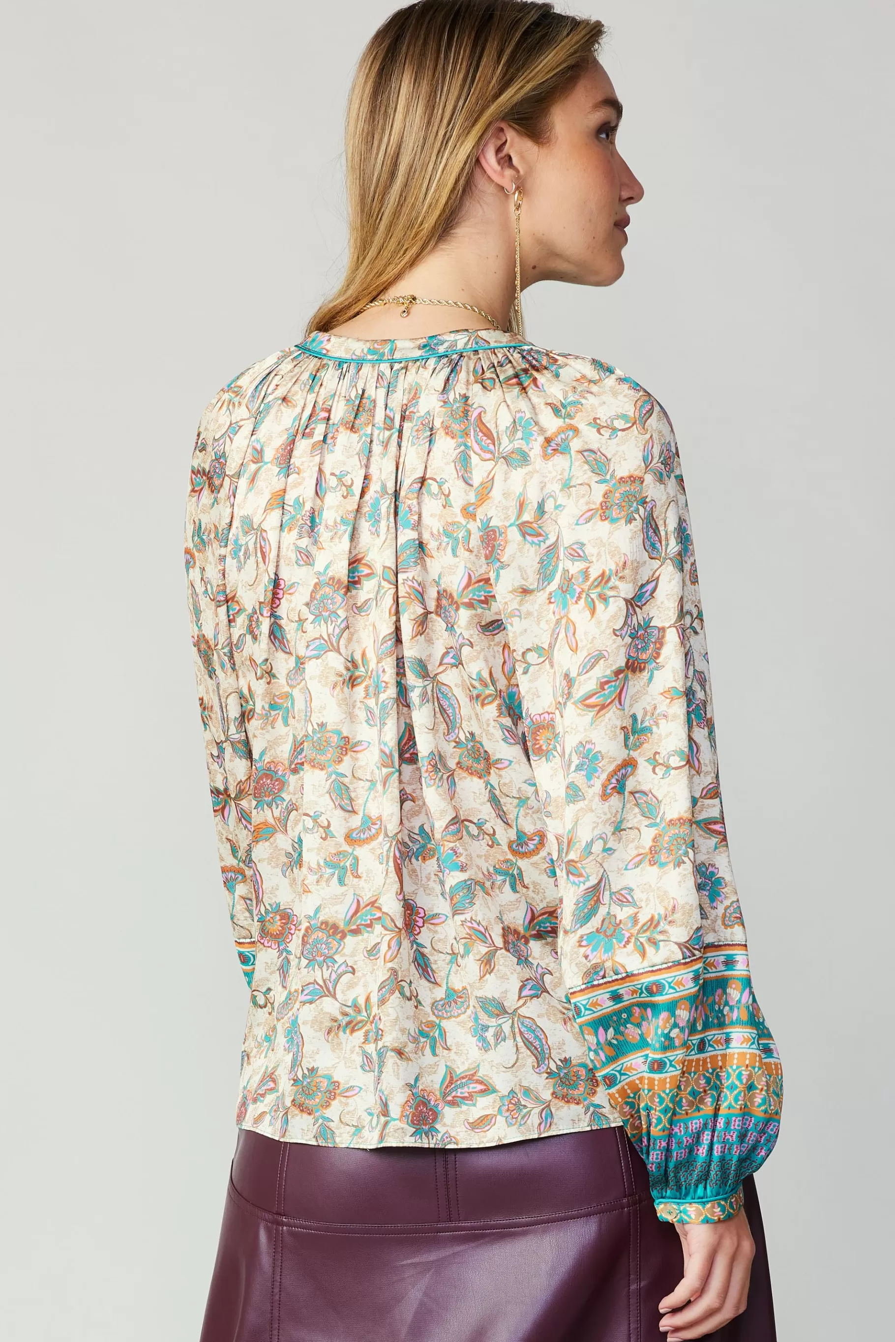 Current Air Long Sleeve Tops>Autumnal Border Print Blouse PINKGREENMLT
