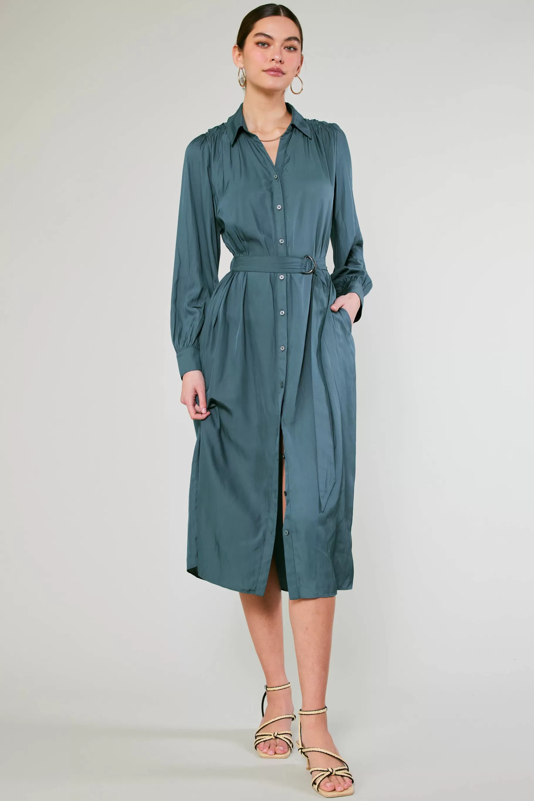 Current Air Midi Dresses>Belted Buttondown Shirt Dress FORESTGREEN