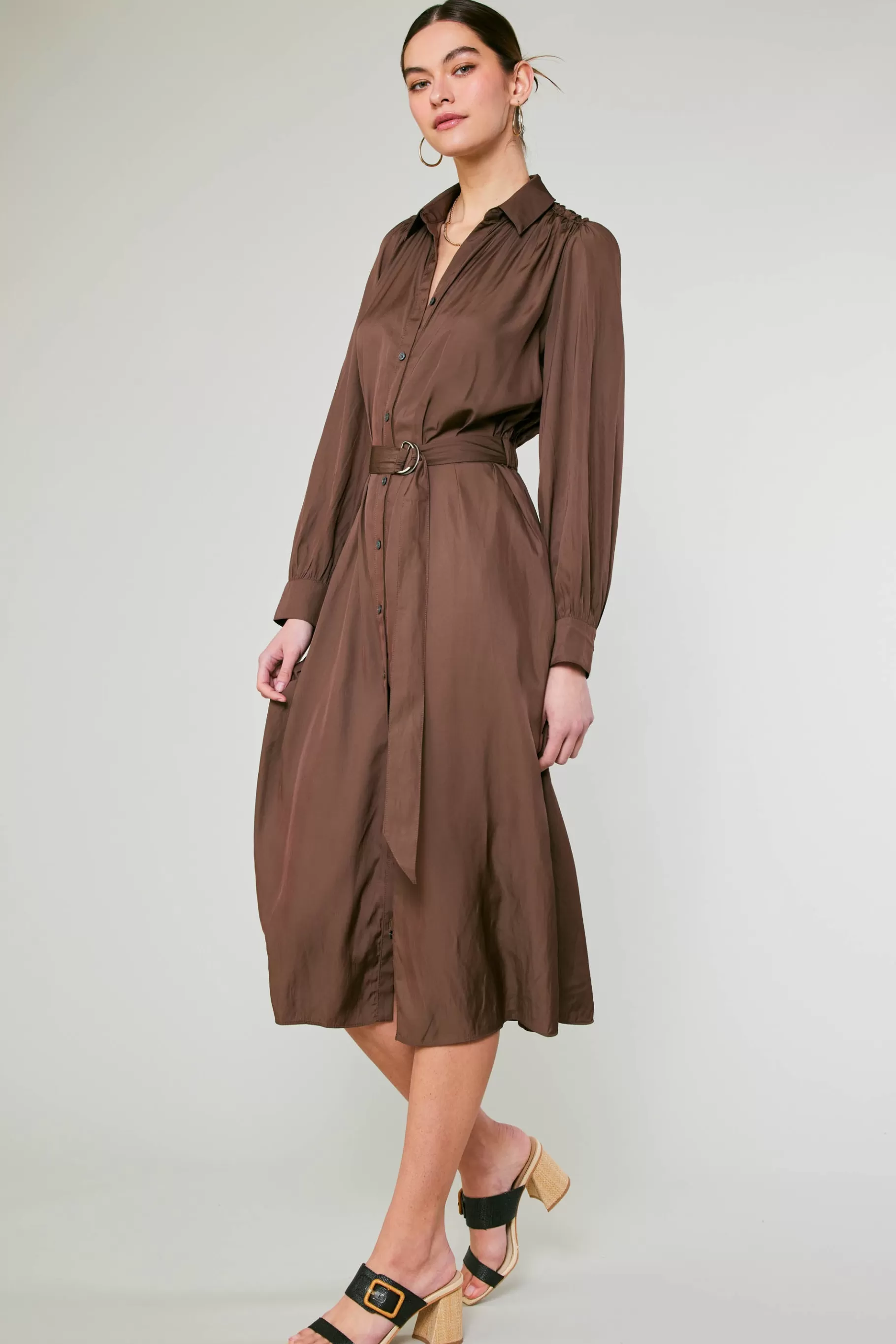 Current Air Midi Dresses>Belted Buttondown Shirt Dress COCOA