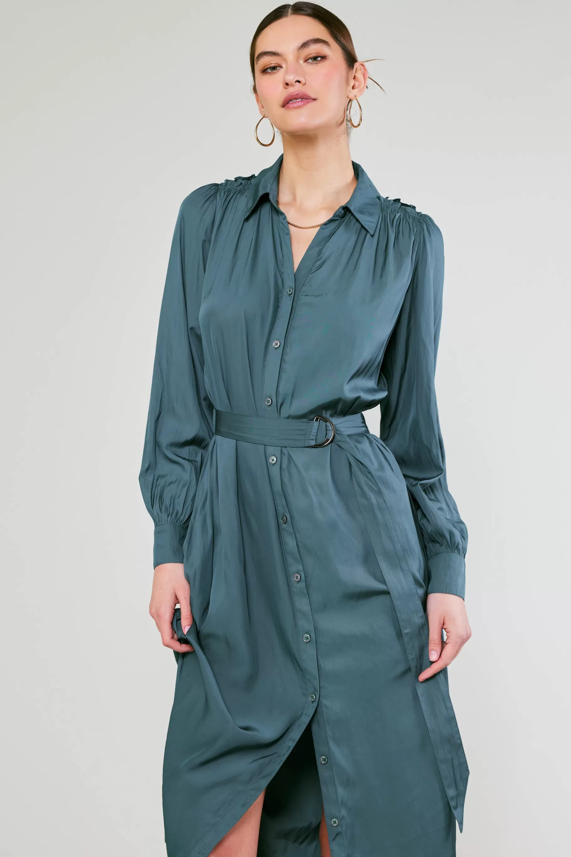 Current Air Midi Dresses>Belted Buttondown Shirt Dress FORESTGREEN