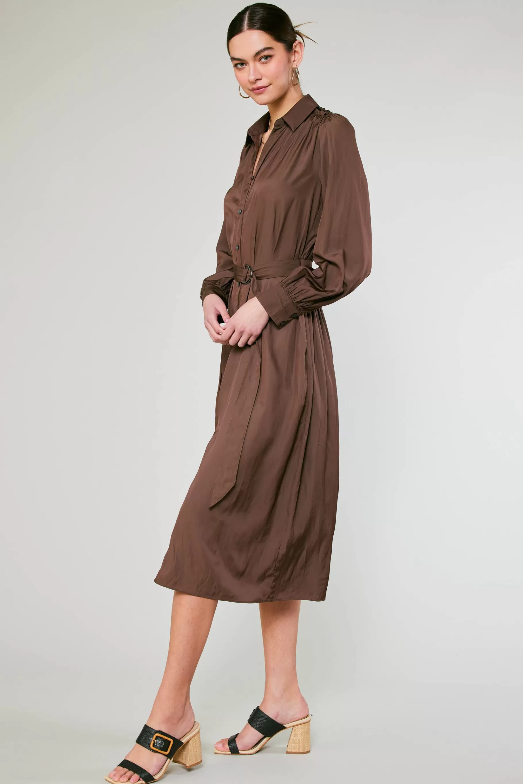 Current Air Midi Dresses>Belted Buttondown Shirt Dress COCOA