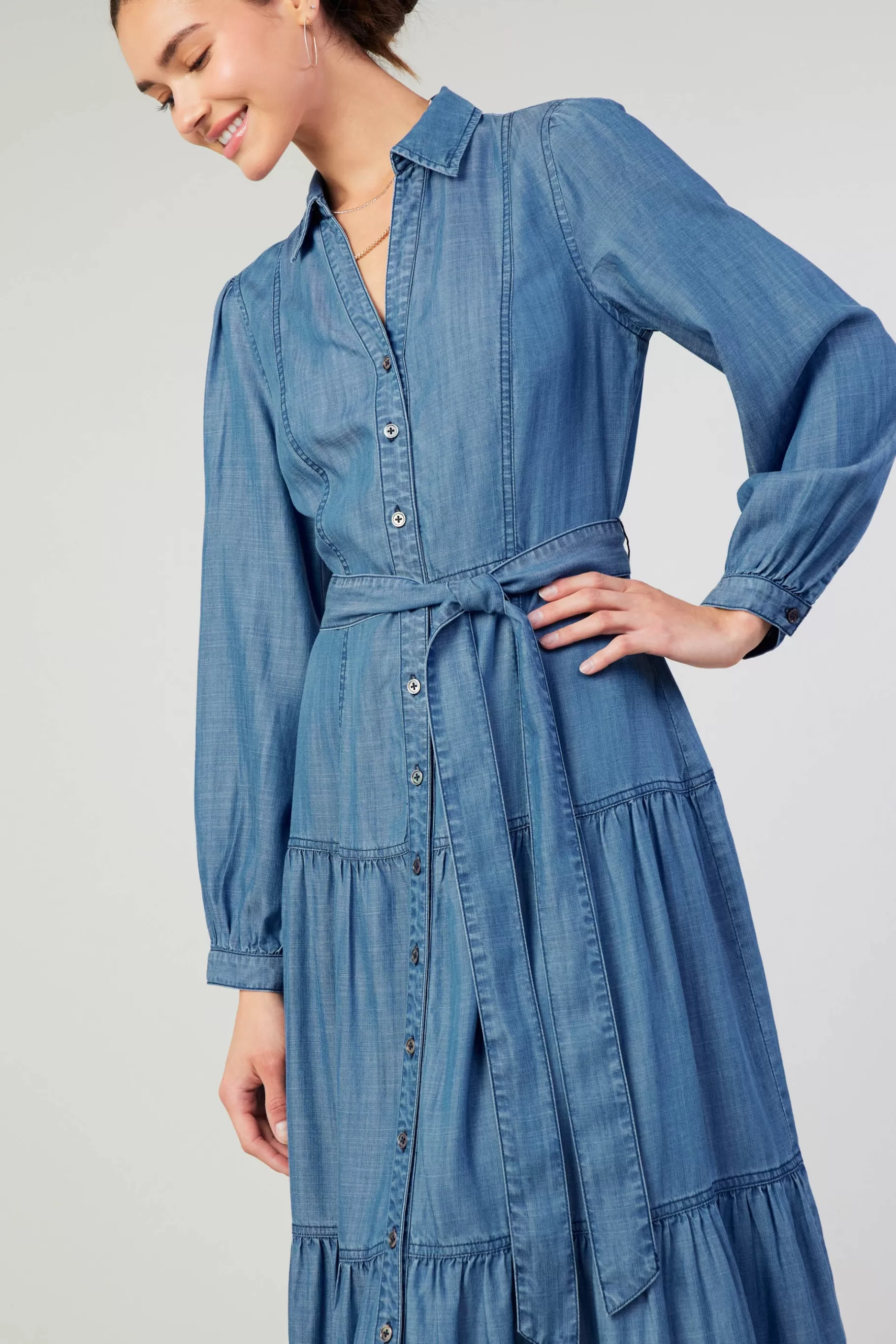 Current Air Midi Dresses>Belted Collar Shirt Dress CHAMBRAY