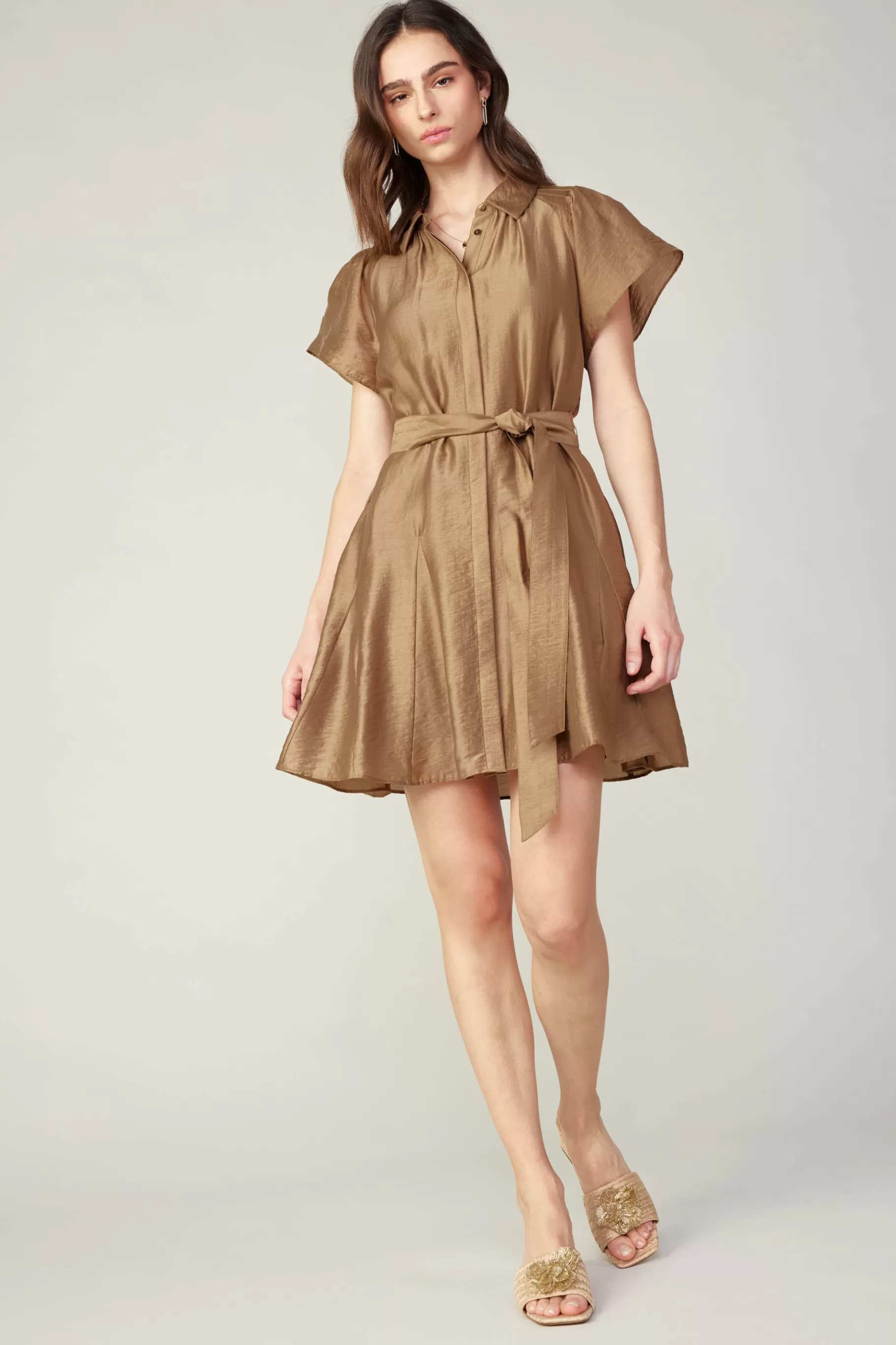 Current Air Mini Dresses>Belted Godet Mini Dress LATTE