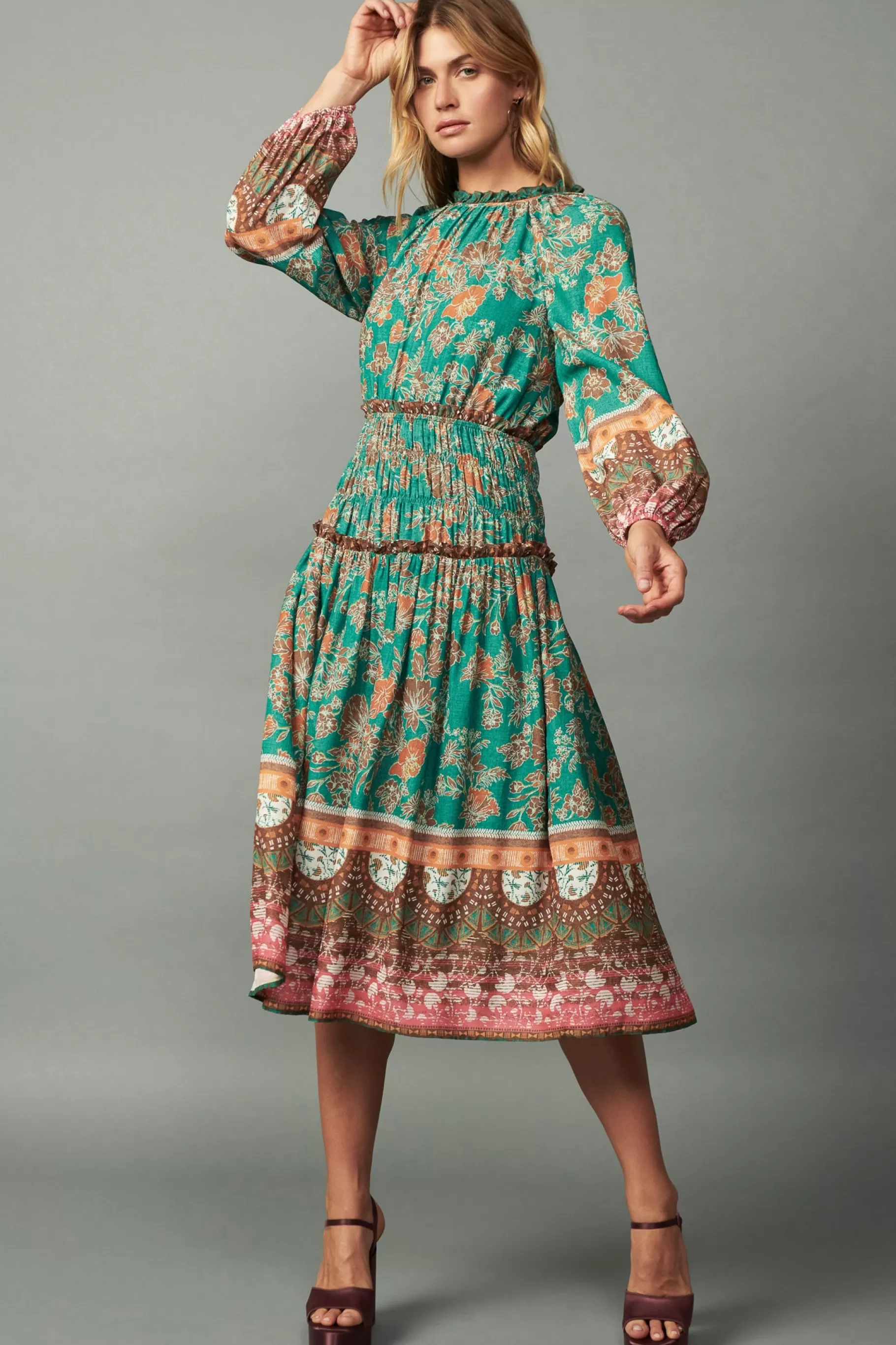 Current Air Midi Dresses>Border Multi Print Midi Dress GREENMLT