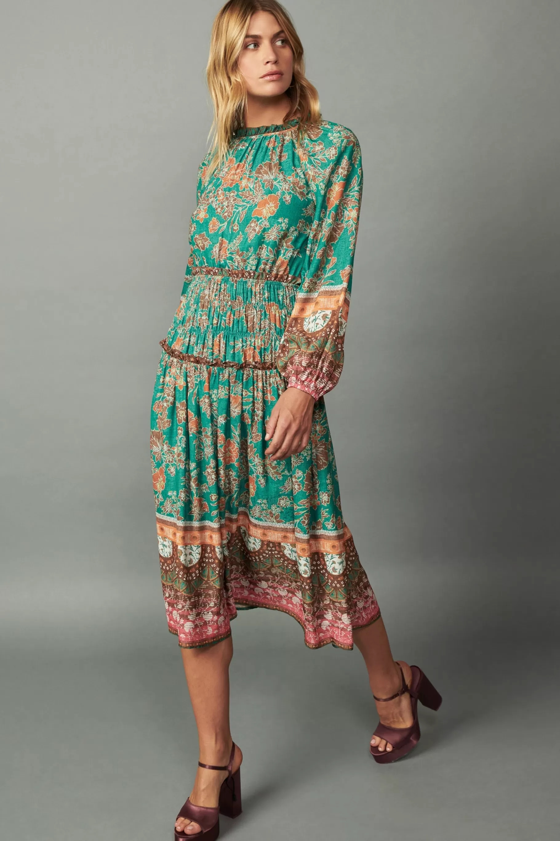 Current Air Midi Dresses>Border Multi Print Midi Dress GREENMLT