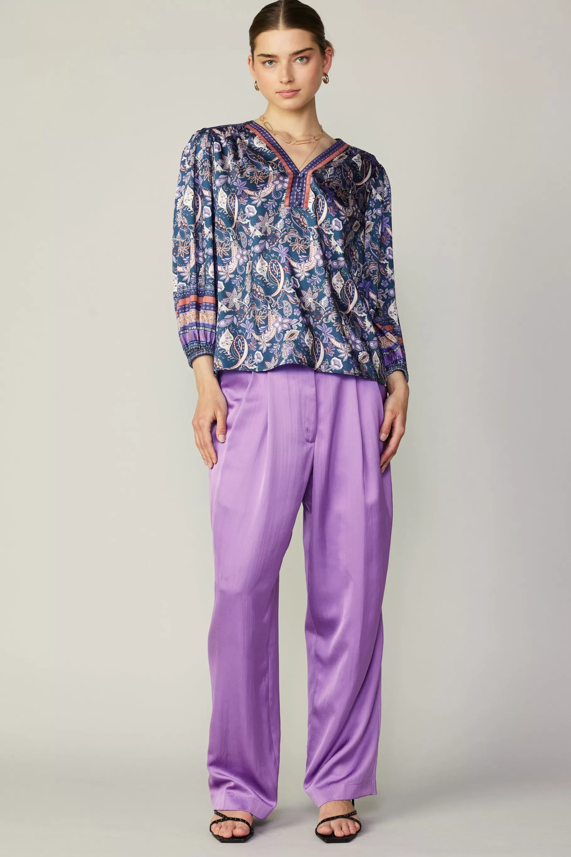 Current Air Long Sleeve Tops>Border Print Paisley Top INDIGOFLORALMLT