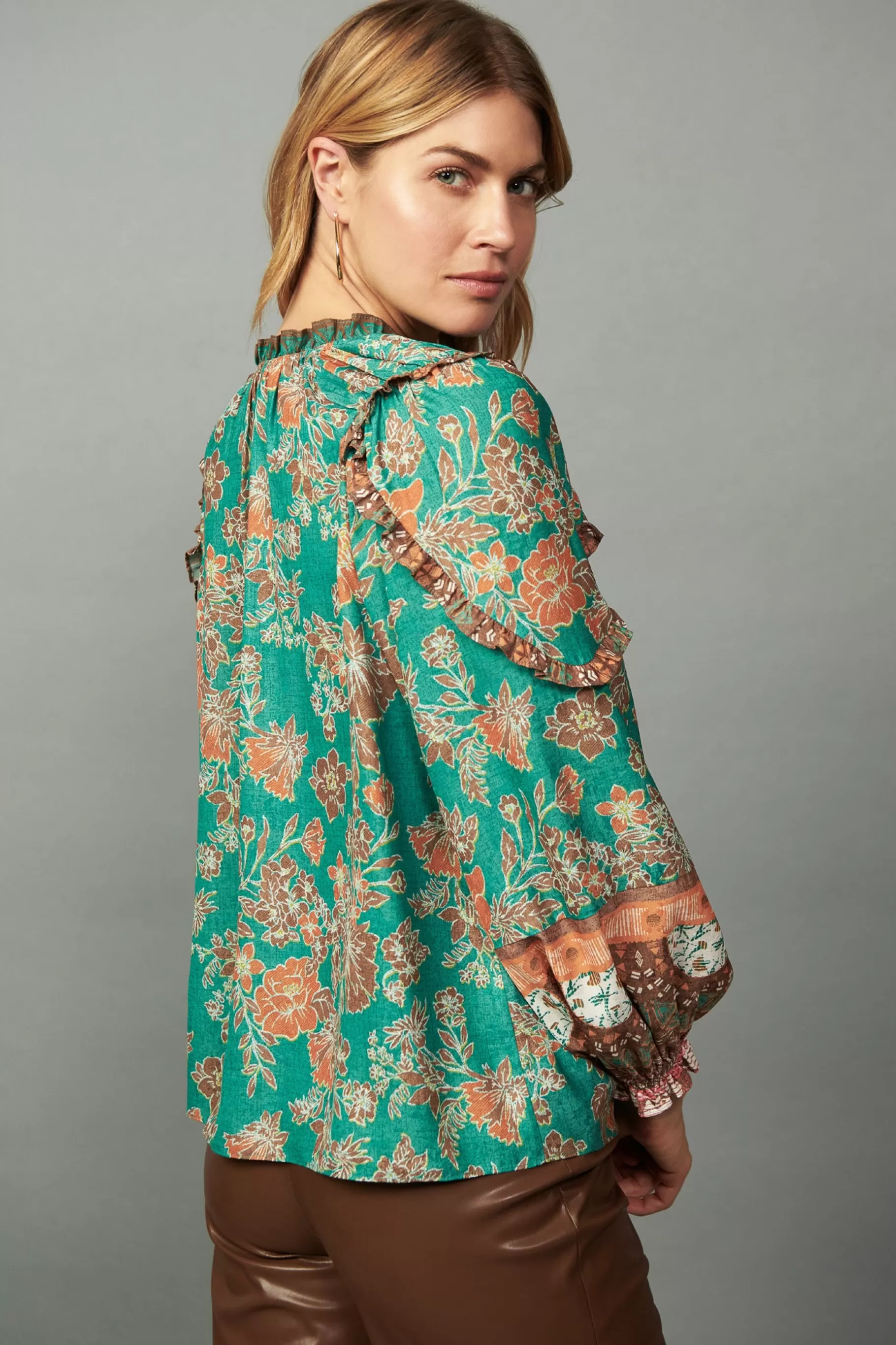 Current Air Long Sleeve Tops>Border Ruffled Floral Blouse GREENMLT