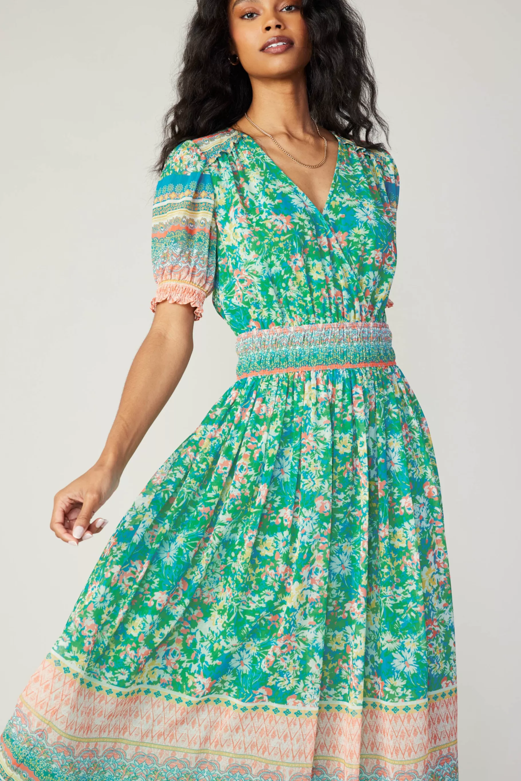 Current Air Midi Dresses>Bordered Floral Print Midi Dress GREENMULTI