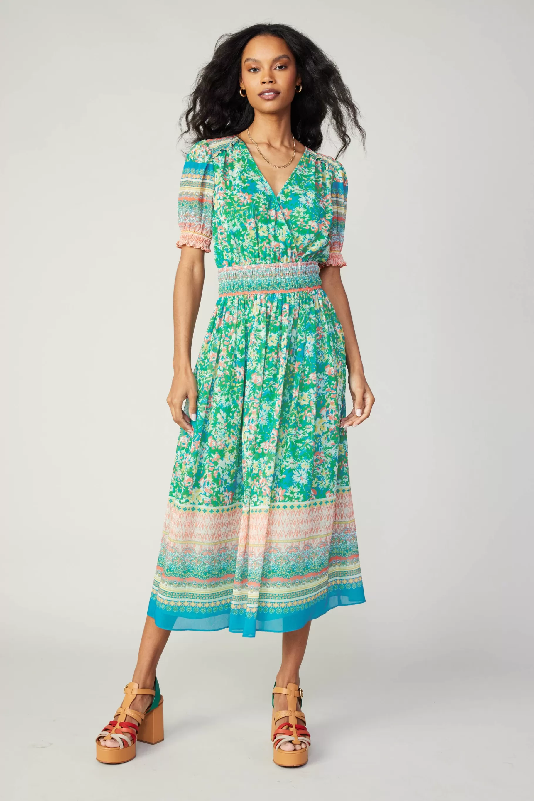 Current Air Midi Dresses>Bordered Floral Print Midi Dress GREENMULTI