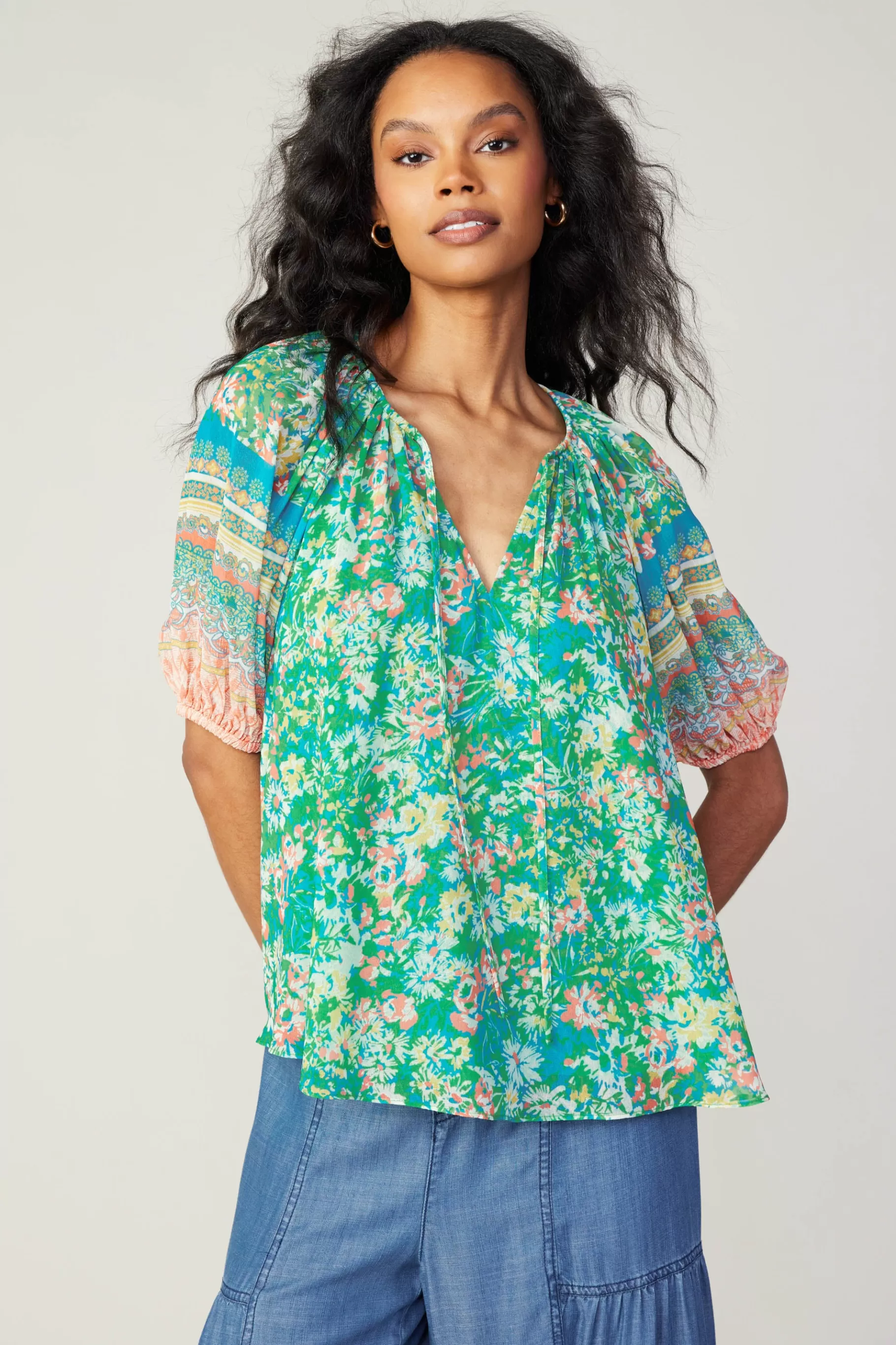 Current Air Short Sleeve Tops>Bordered Floral Print Top GREENMULTI