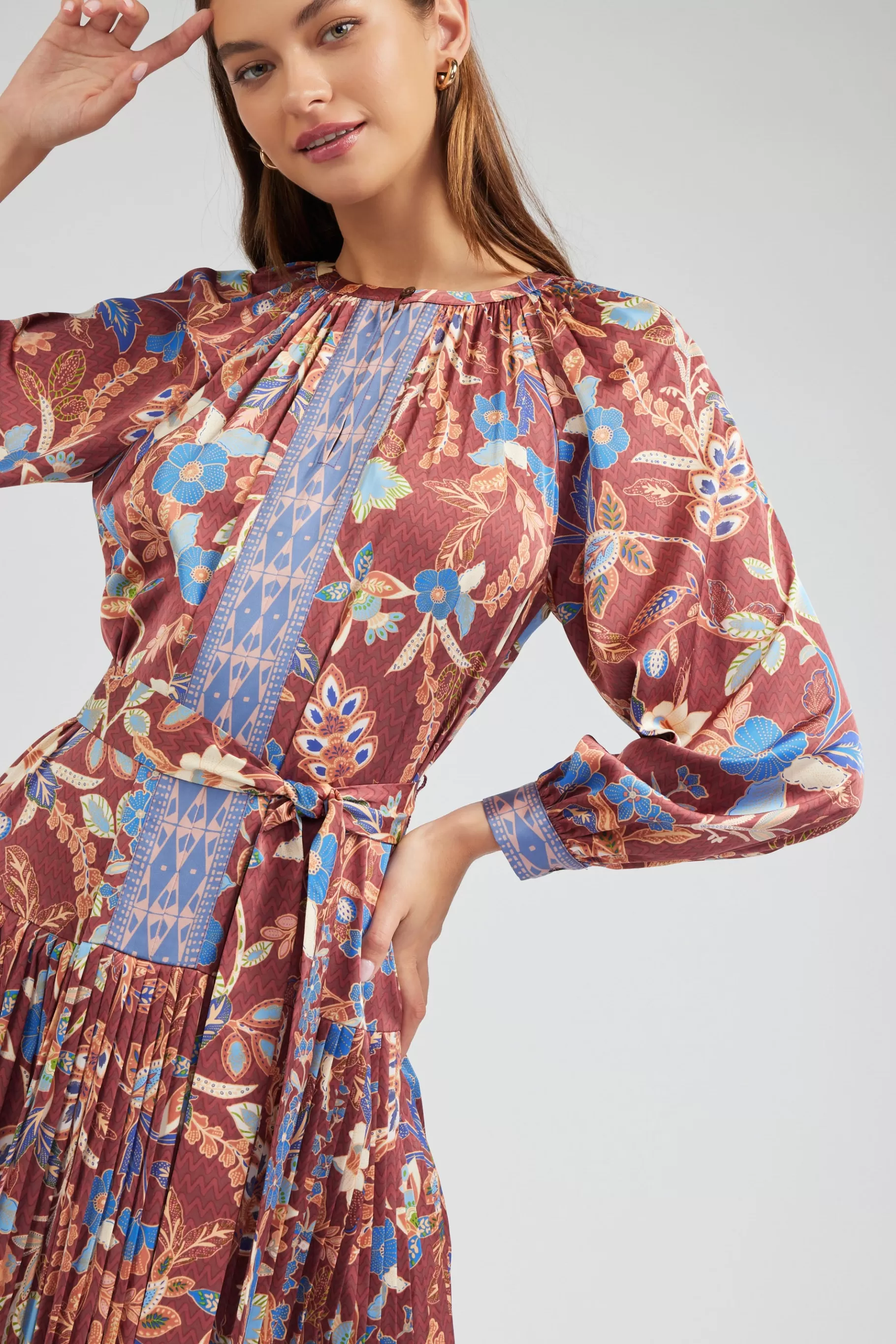 Current Air Midi Dresses>Botanical High Neck Dress CHESTNUTMLT