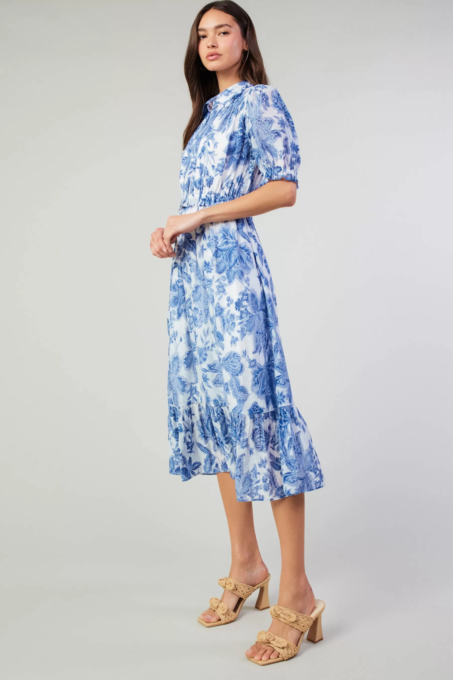 Current Air Midi Dresses>Botanical Jacquard Midi Dress BLUEFLORAL