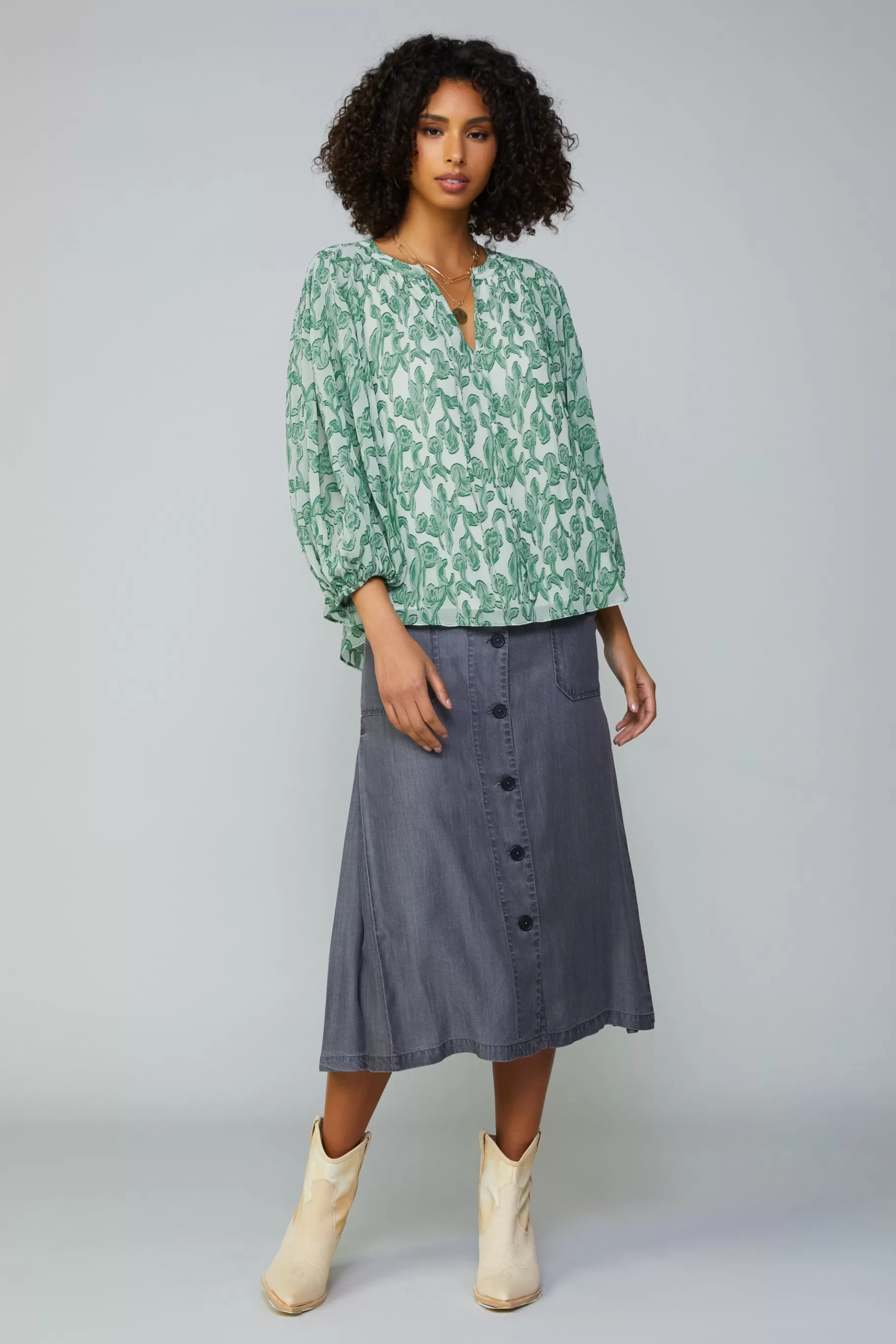 Current Air Long Sleeve Tops>Botanical Jacquard Raglan Blouse GREEN