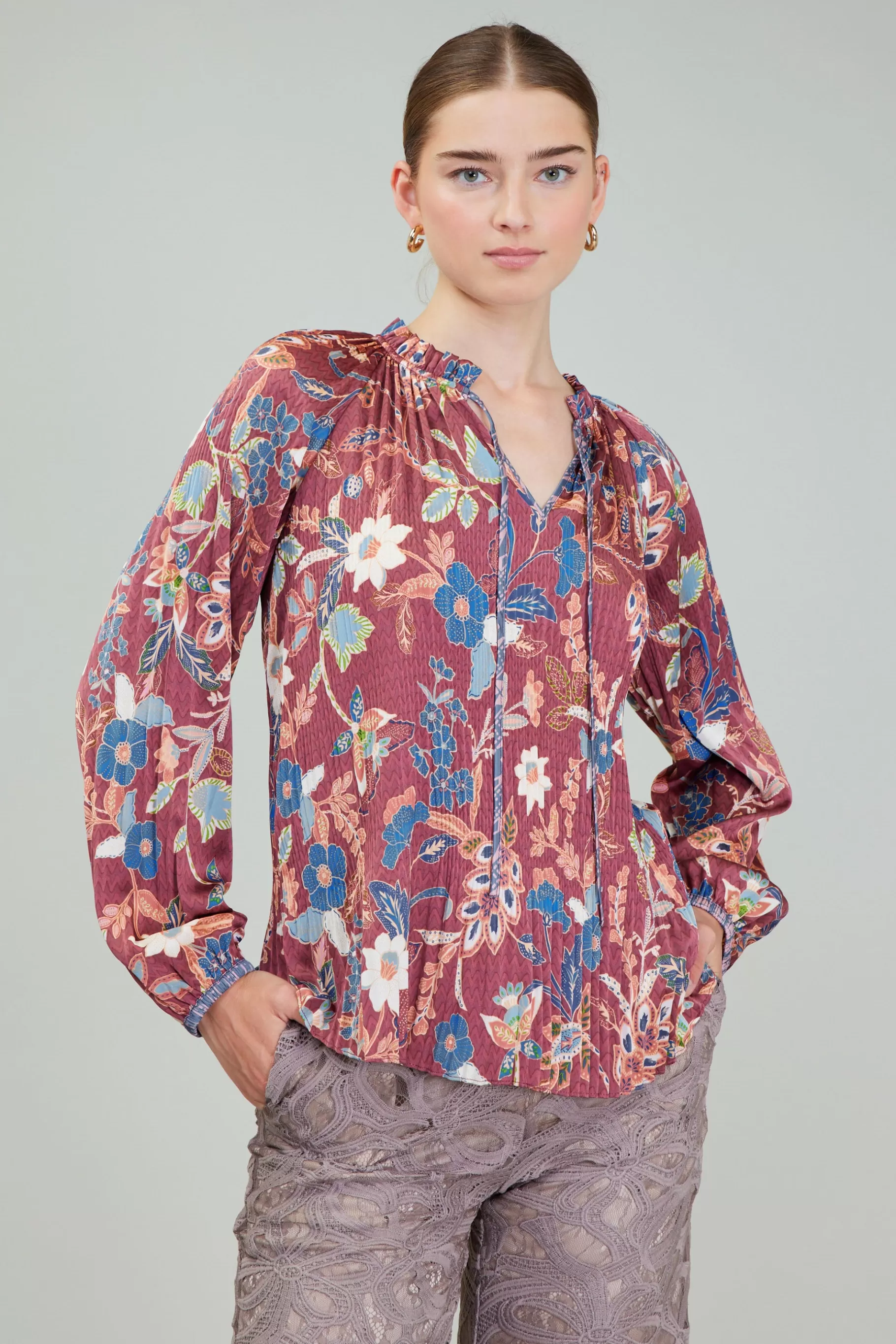 Current Air Long Sleeve Tops>Botanical Pleated Blouse CHESTNUTMLT