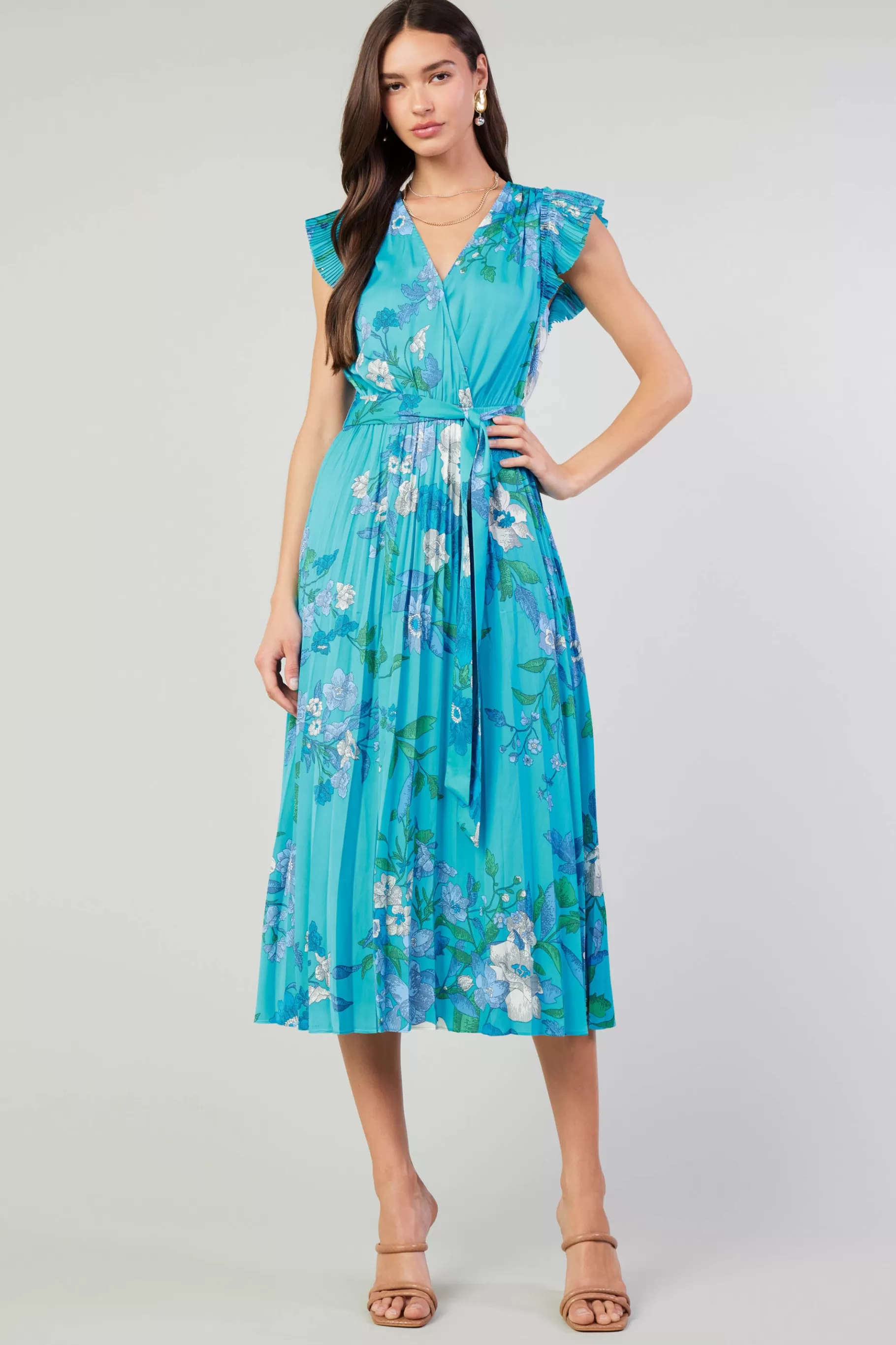 Current Air Short Sleeve Tops | Midi Dresses>Botanical Pleated Midi Dress BLUE
