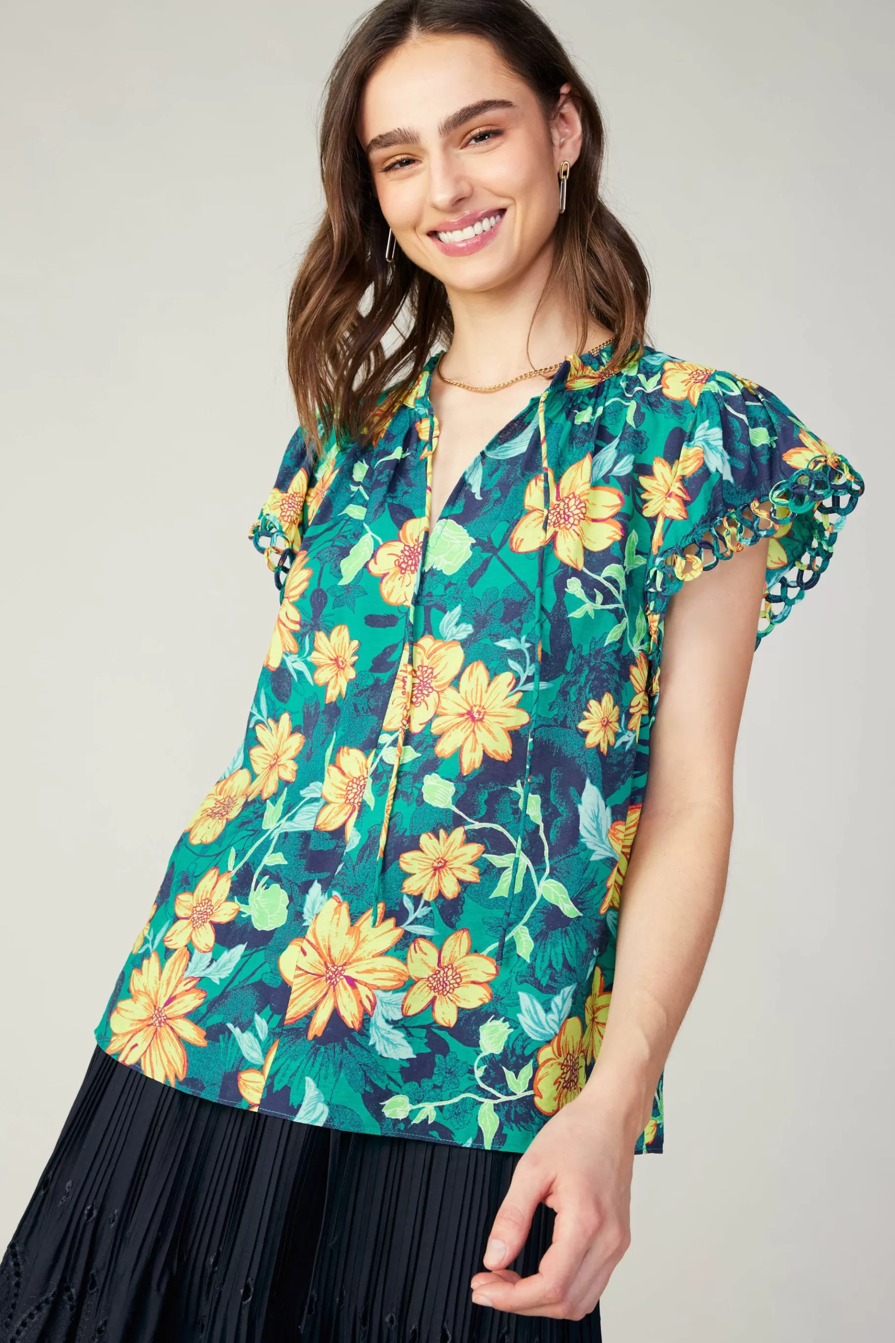 Current Air Sleeveless Tops>Botanical Print Eyelet Blouse YELLOWFLORALMLT