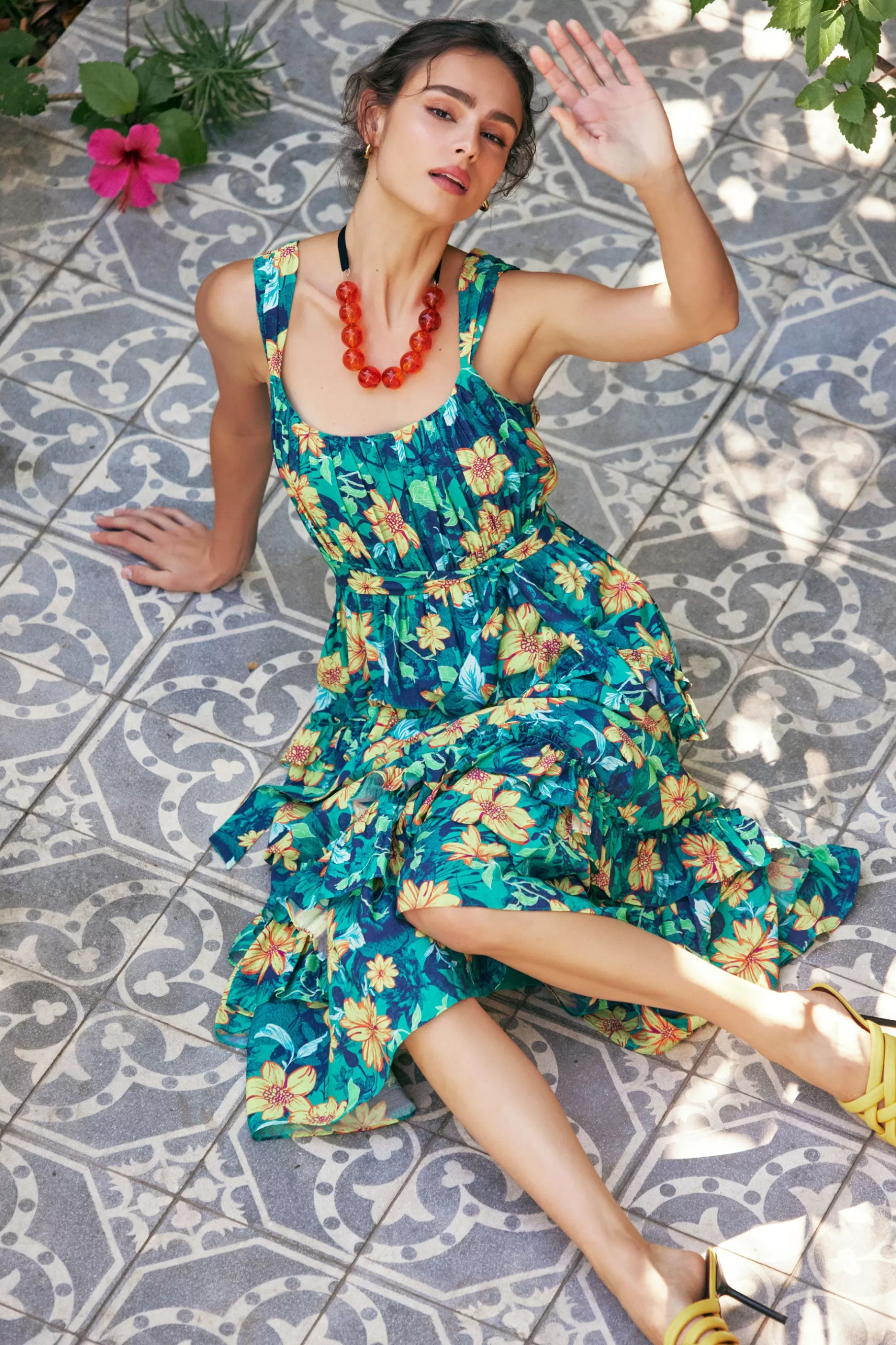 Current Air Midi Dresses>Botanical Tiered Ruffle Dress YELLOWFLORALMLT
