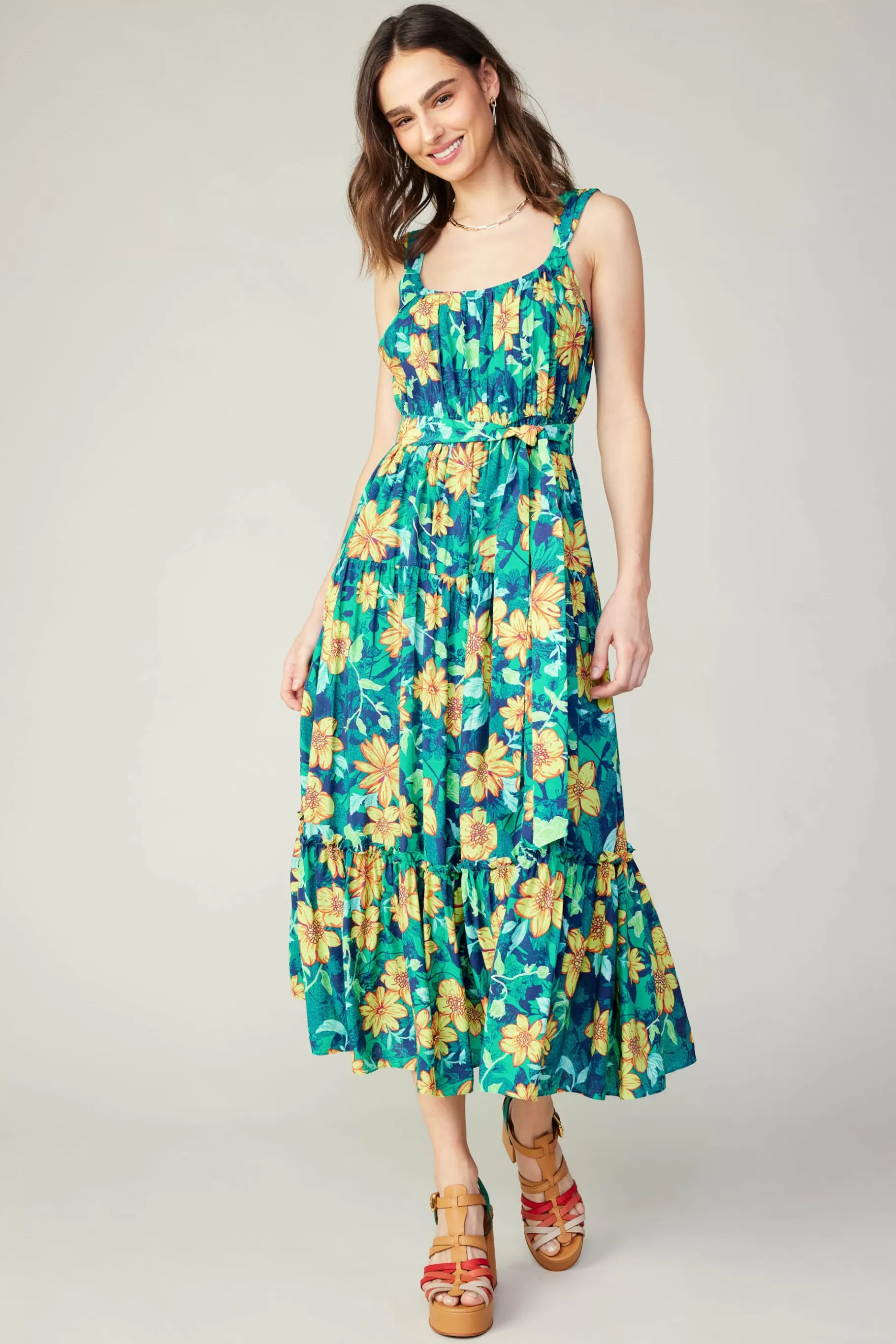 Current Air Midi Dresses>Botanical Tiered Ruffle Dress YELLOWFLORALMLT
