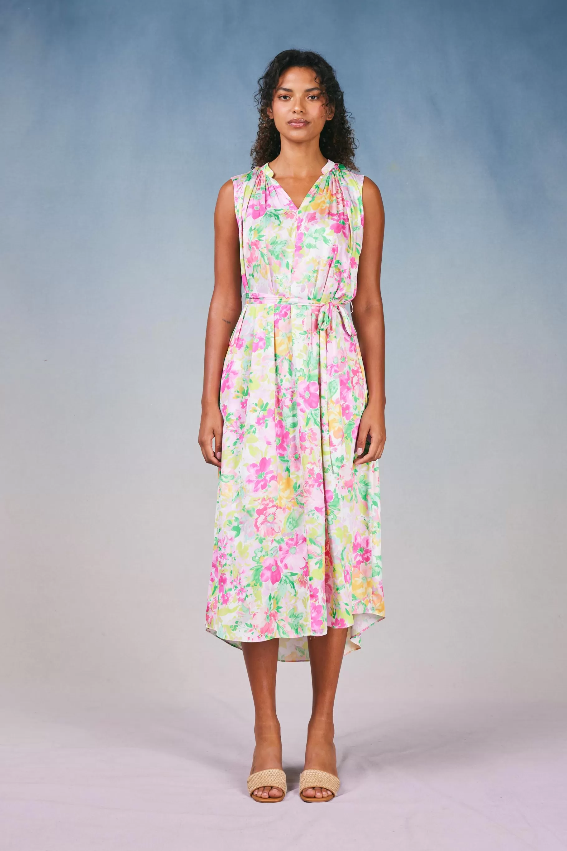 Current Air Midi Dresses>Botanical Watercolor Midi Dress PINKMLTFLORAL