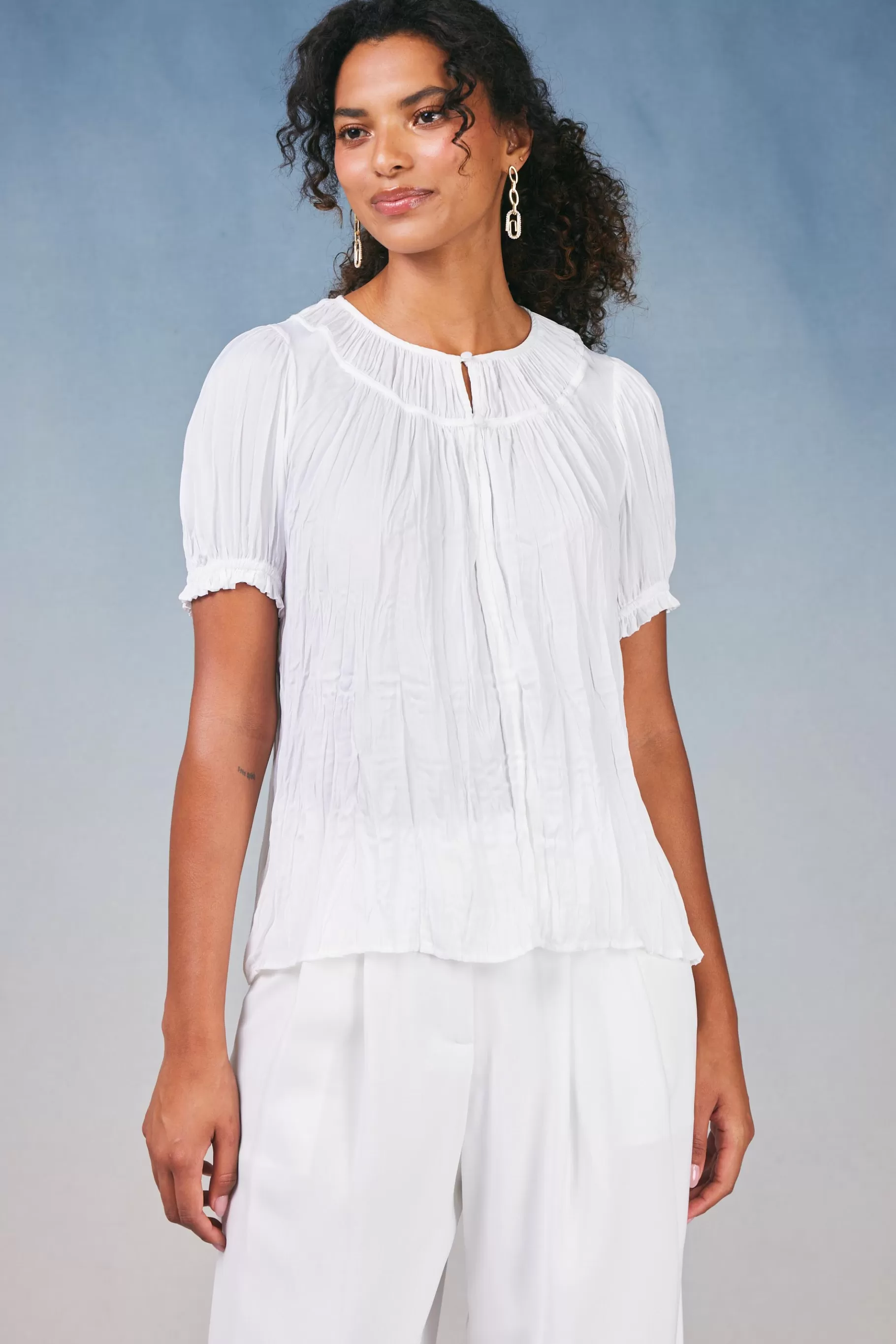 Current Air Short Sleeve Tops>Brooklyn Crinkle Top WHITE