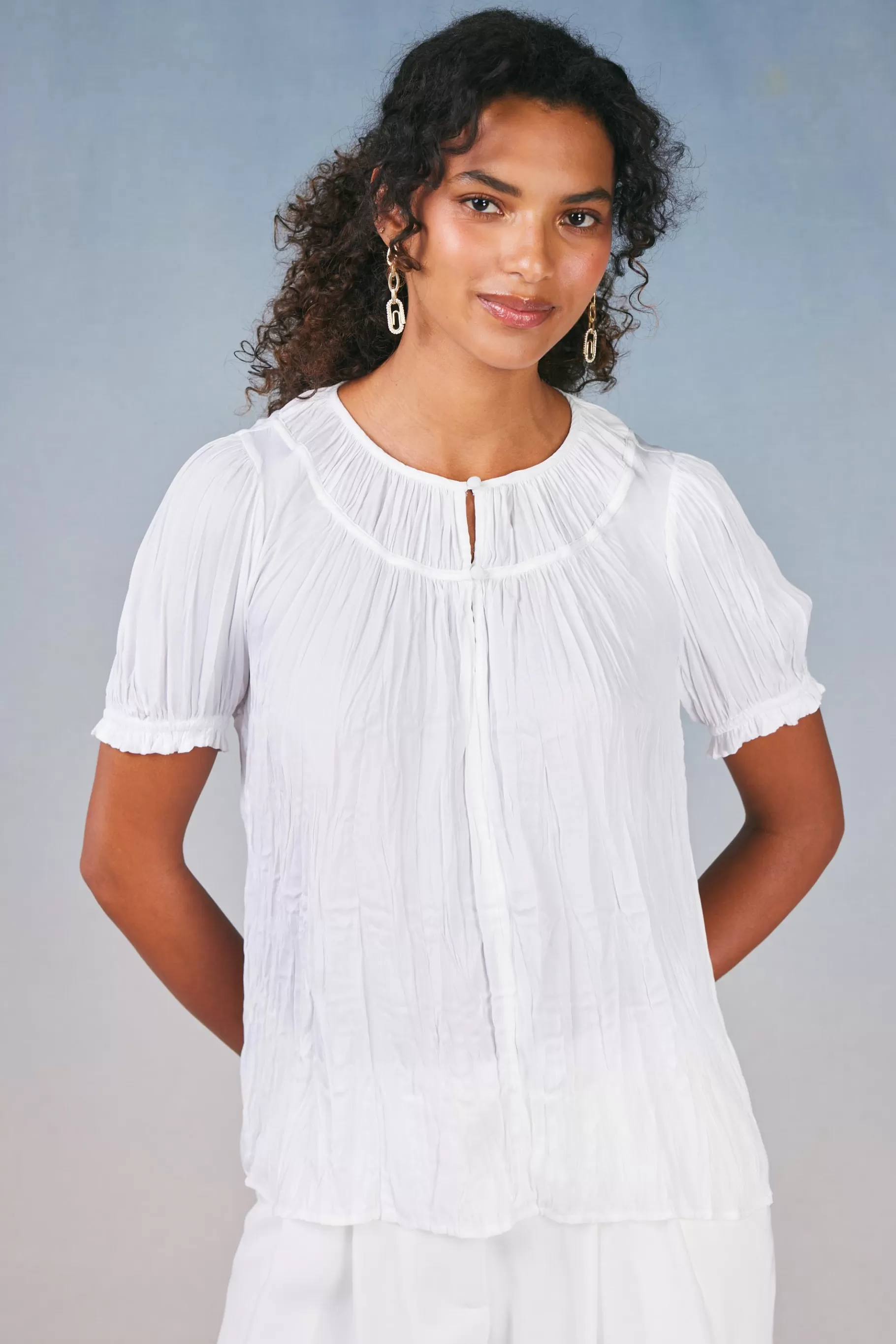 Current Air Short Sleeve Tops>Brooklyn Crinkle Top WHITE