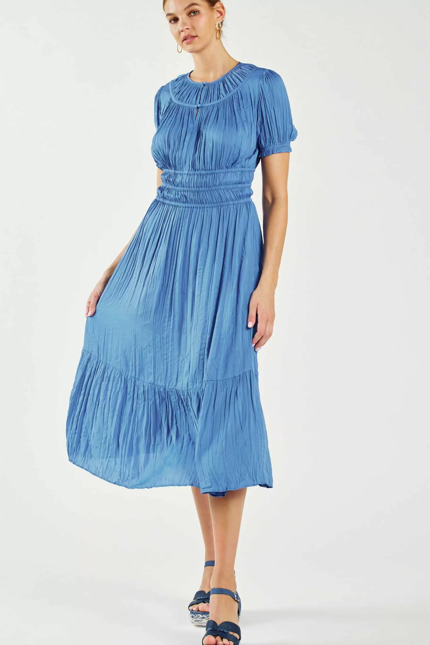 Current Air Midi Dresses>Brooklyn Pleated Midi Dress FADEDBLUE