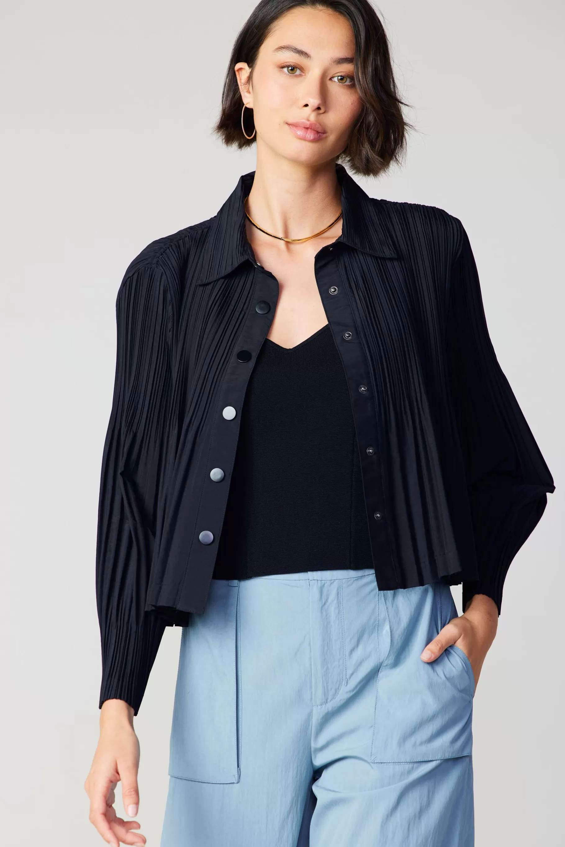 Current Air Long Sleeve Tops>Button Down Pleated Top BLACK