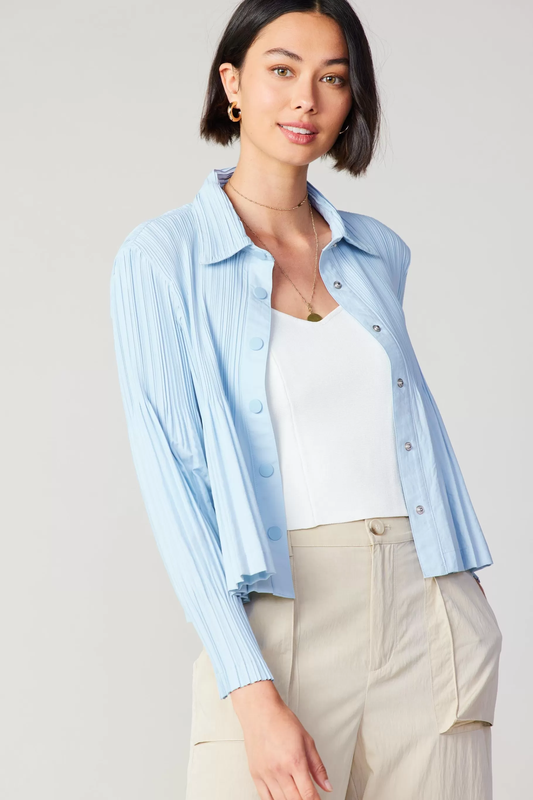 Current Air Long Sleeve Tops>Button Down Pleated Top PASTELBLUE