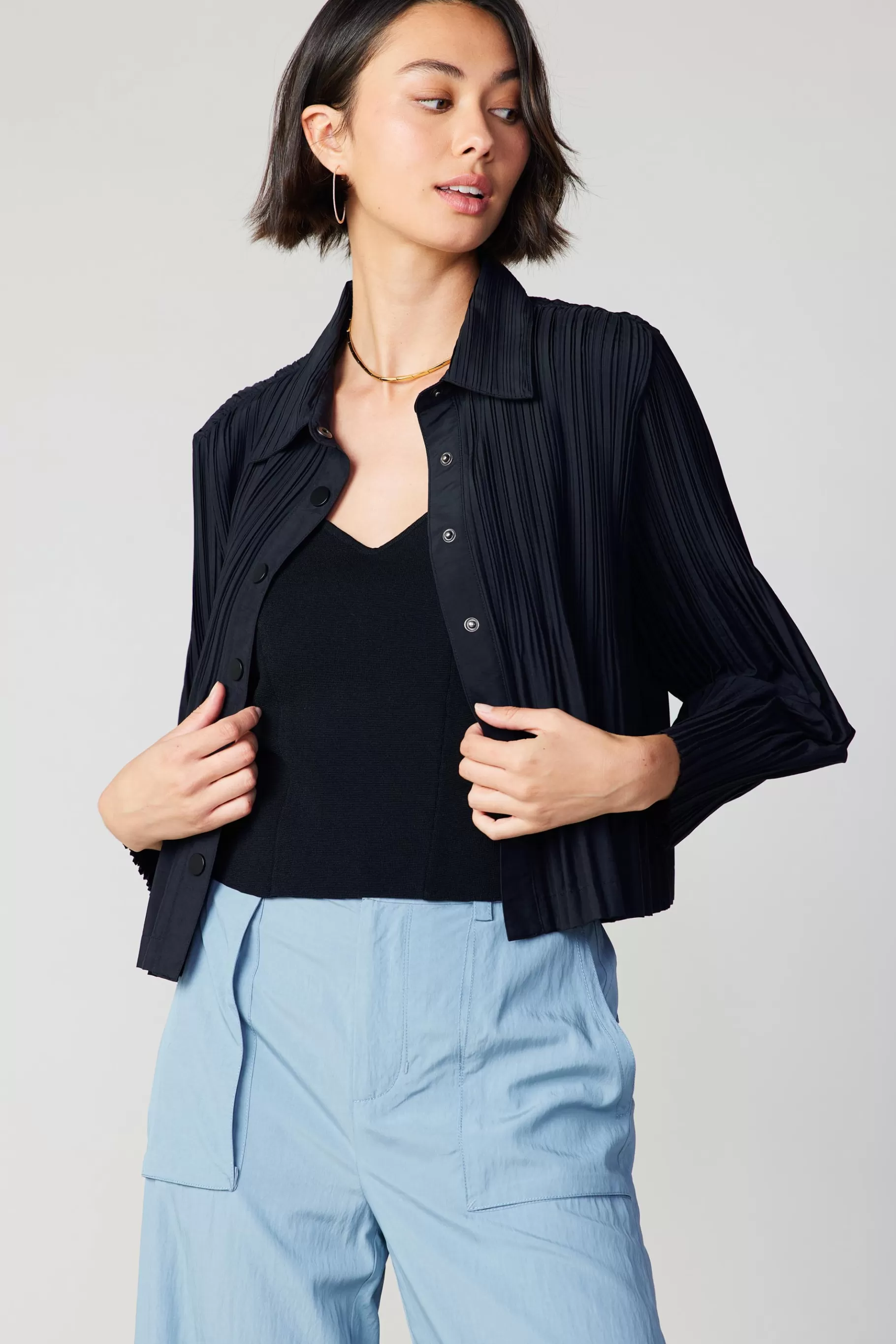 Current Air Long Sleeve Tops>Button Down Pleated Top BLACK