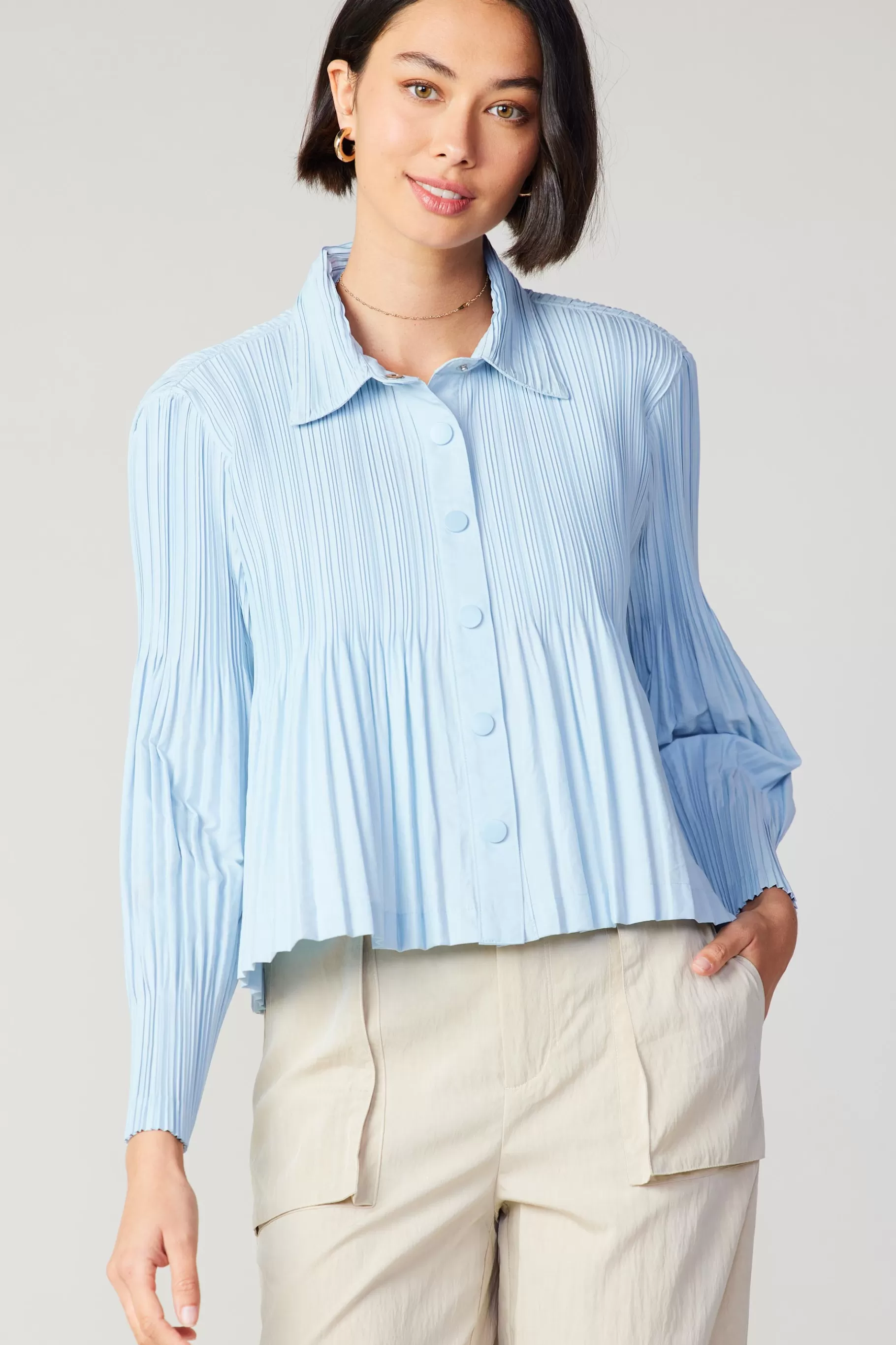 Current Air Long Sleeve Tops>Button Down Pleated Top PASTELBLUE