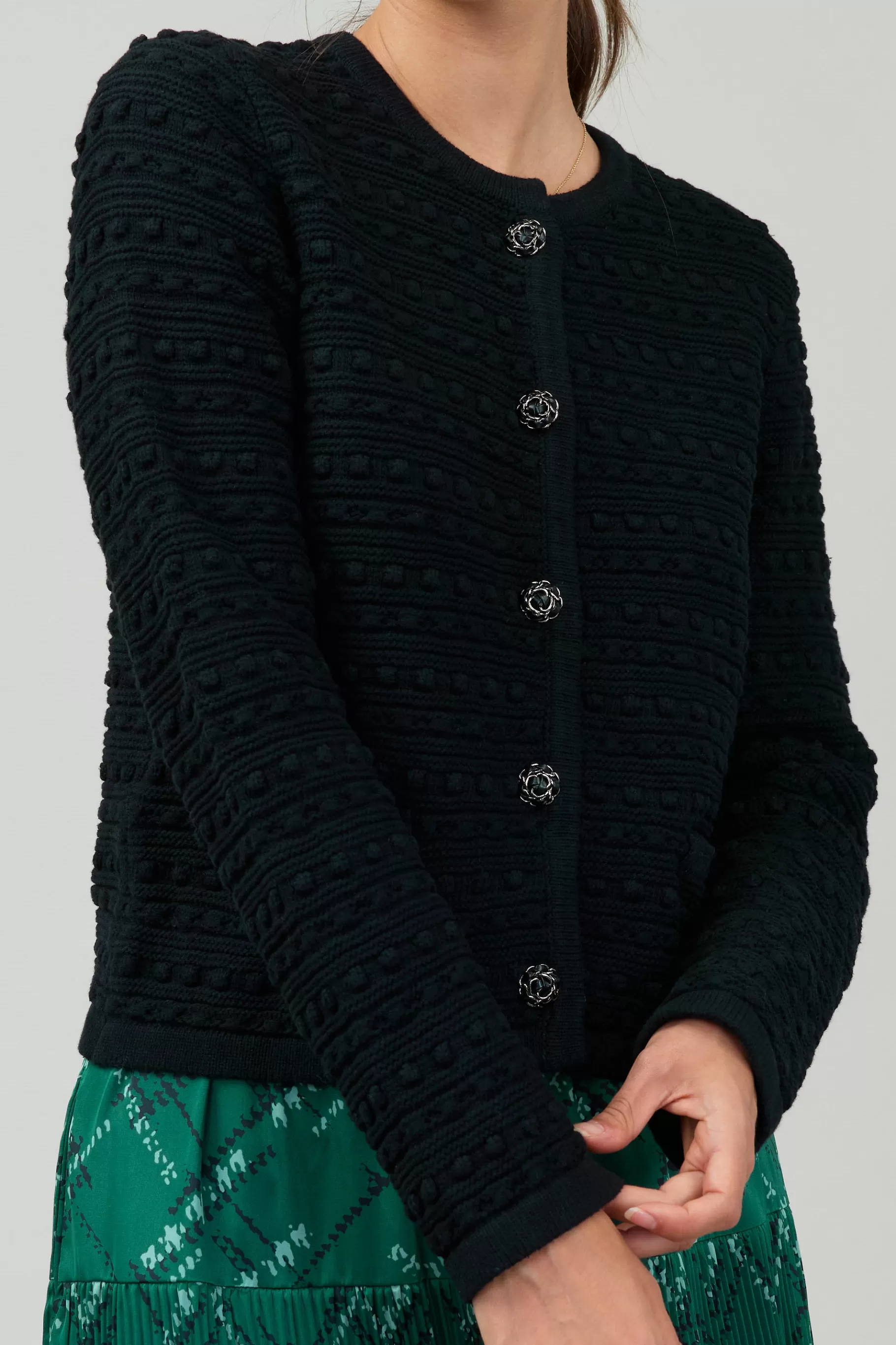 Current Air Cardigans>Button Up Tweed Cardigan BLACK