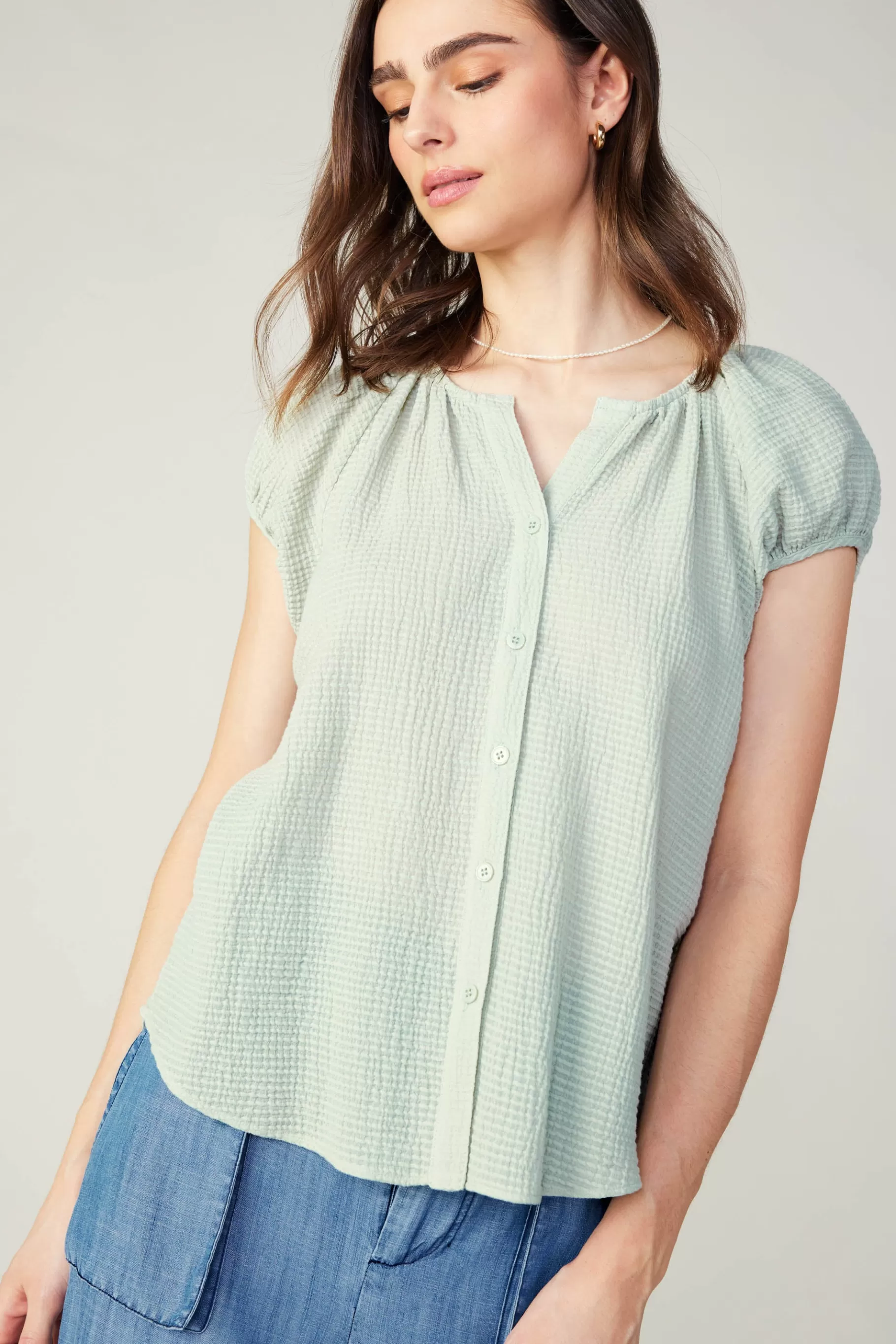 Current Air Sleeveless Tops | Short Sleeve Tops>Buttoned Cotton Blouse LIGHTSAGE