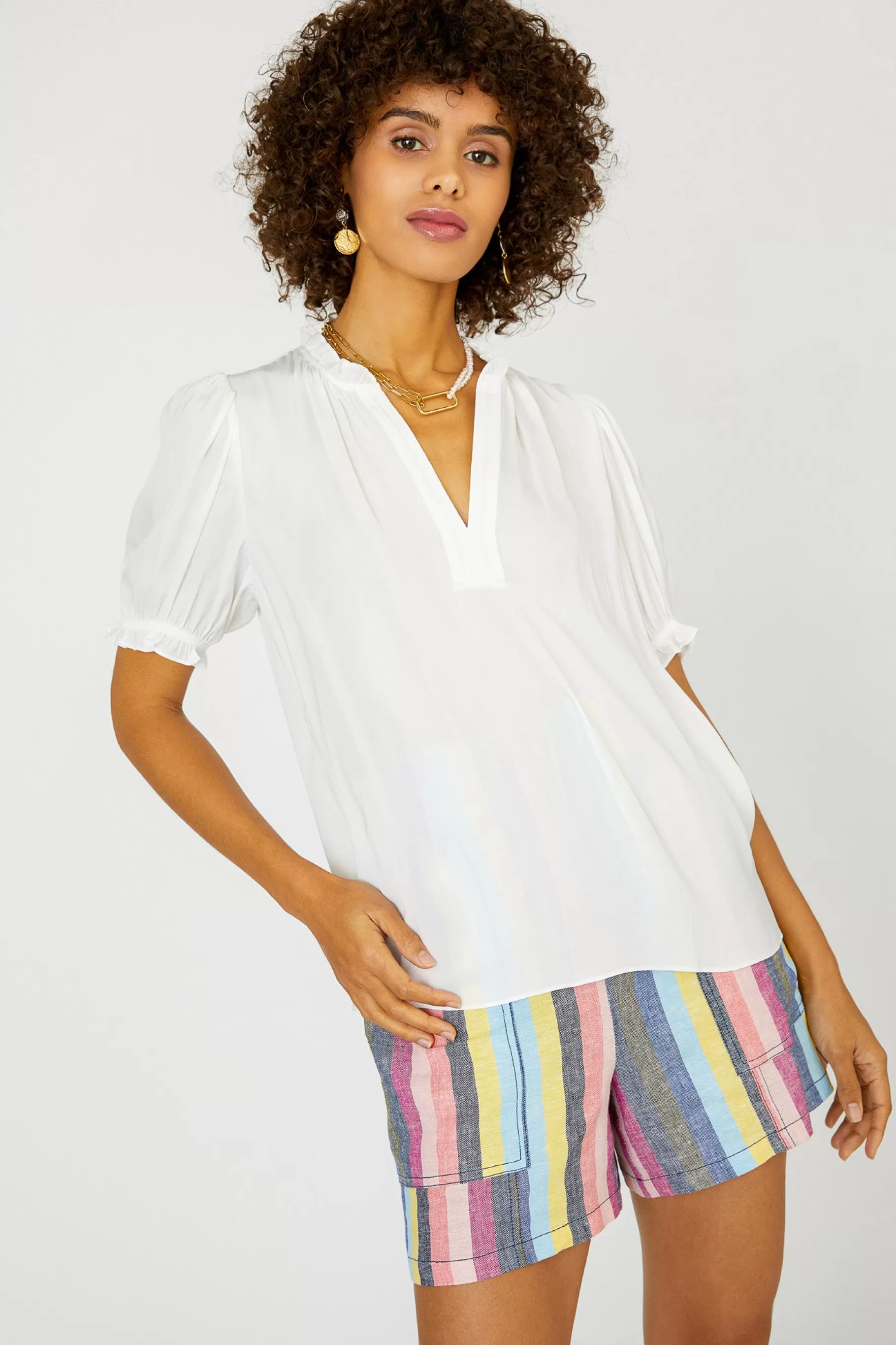 Current Air Short Sleeve Tops>Camelia Ruffled Blouse OFFWHITE