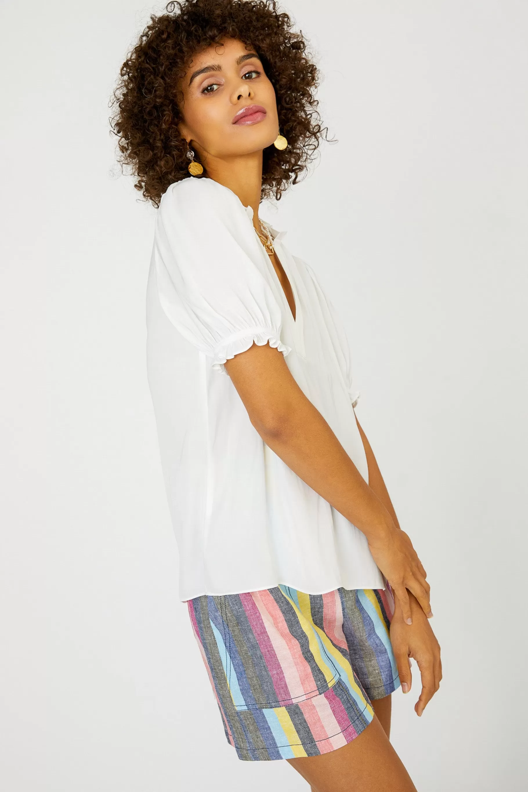 Current Air Short Sleeve Tops>Camelia Ruffled Blouse OFFWHITE