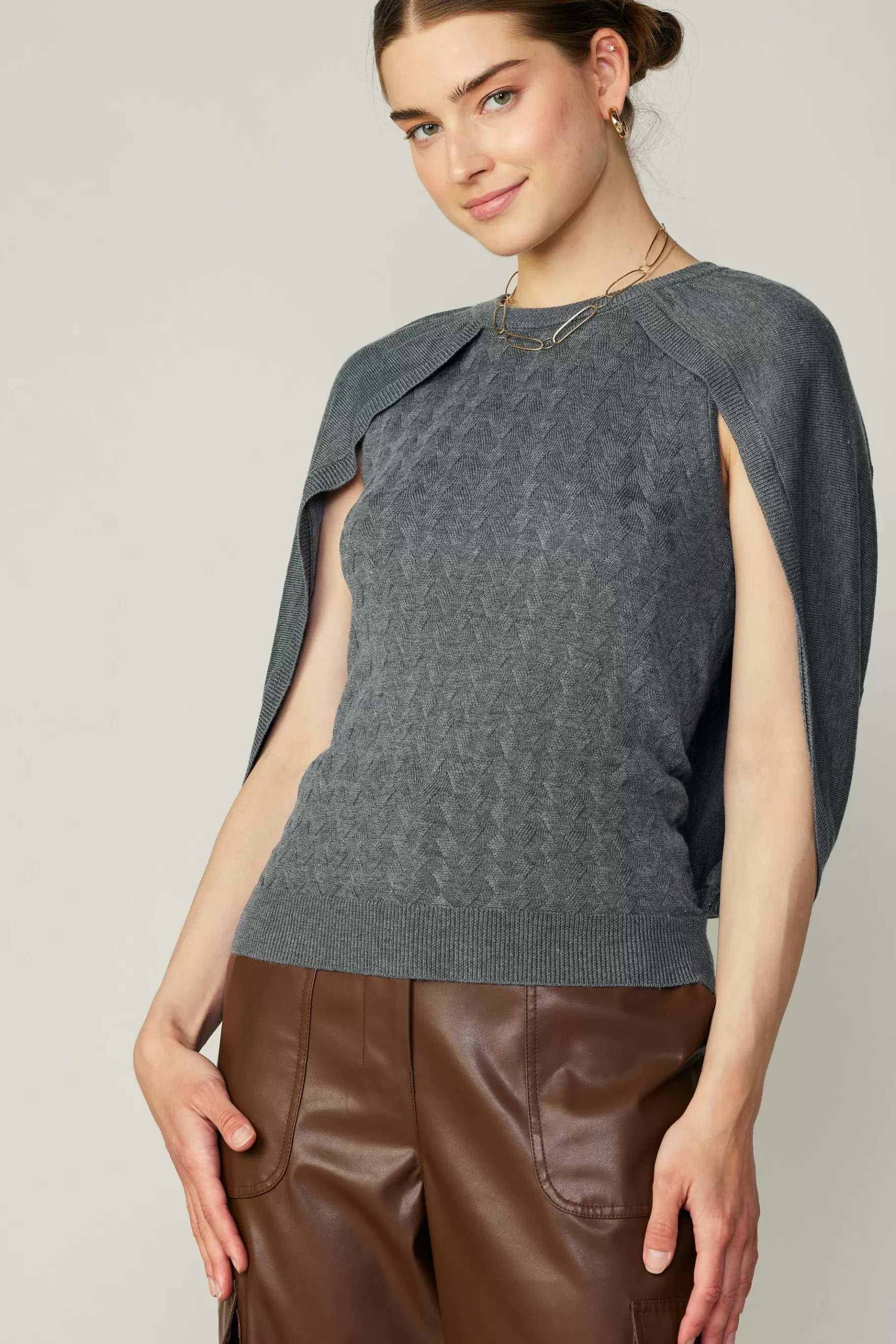 Current Air Sweaters>Cape Layered Sweater Top GREY