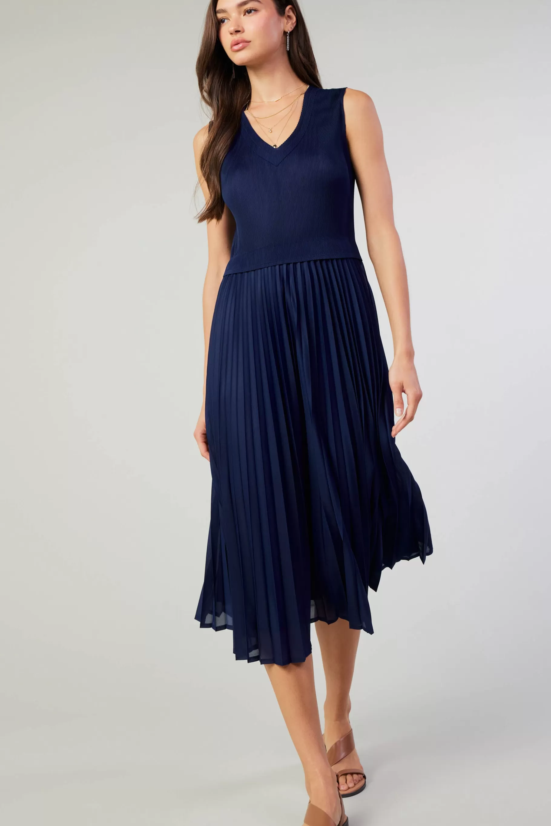 Current Air Midi Dresses>Cari Ribbed Contrast Pleated Dress NAVY